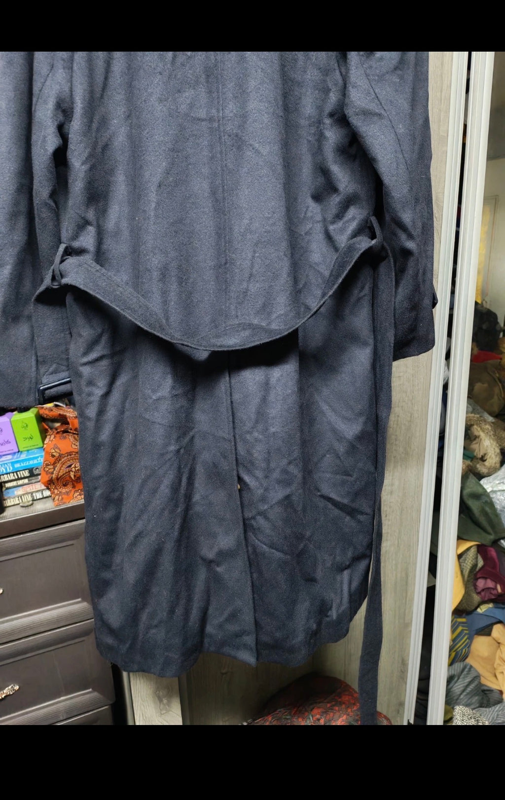 Vintage wool cashmere blend belted navy classic long over coat 44R