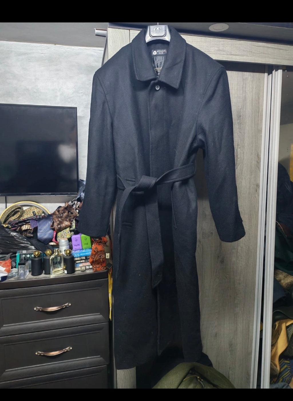 Vintage wool blended classic black belted long over coat 48R 48L XL