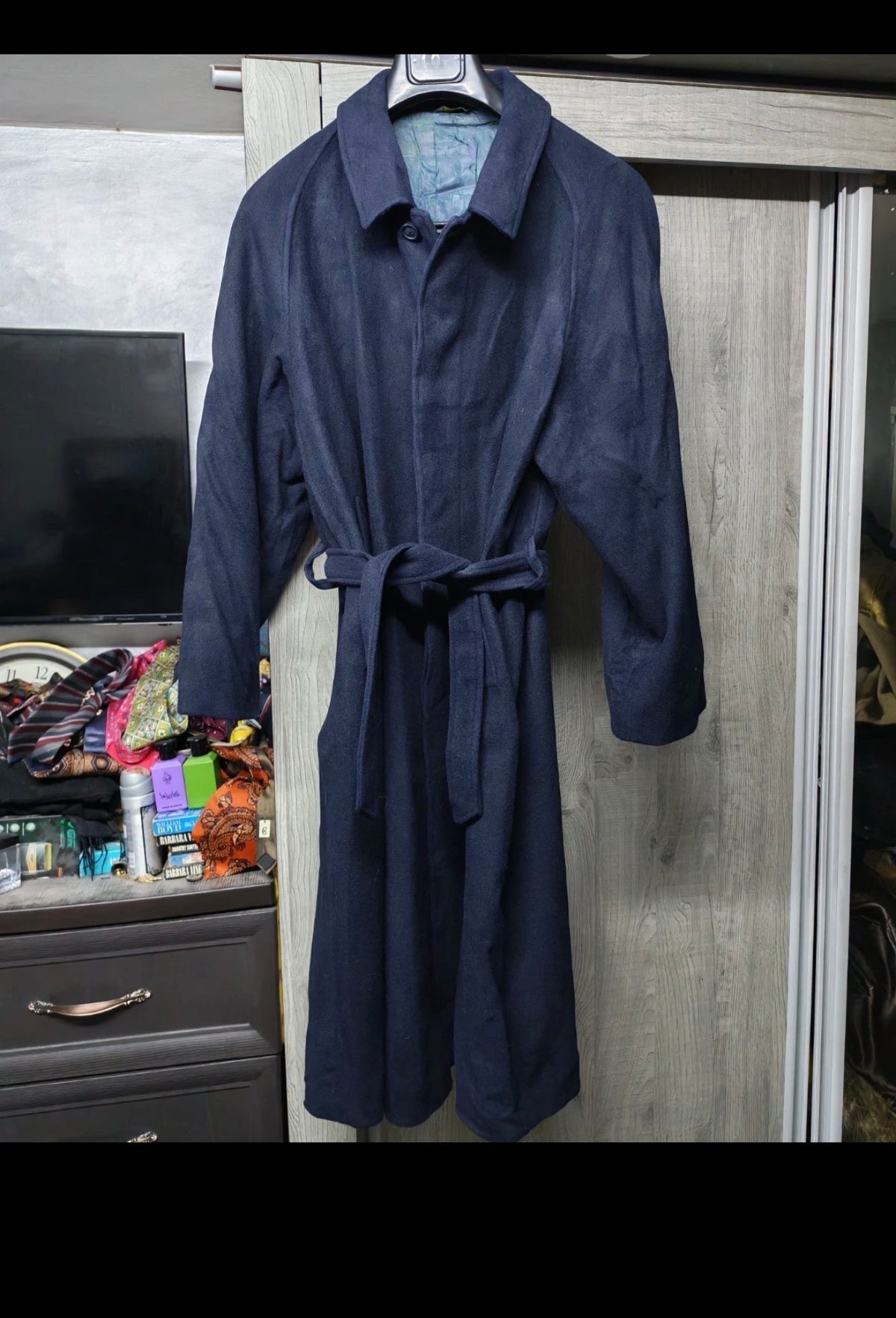 Vintage Freeman's wool cashmere blend belted navy raglan over coat 48R 48S XL