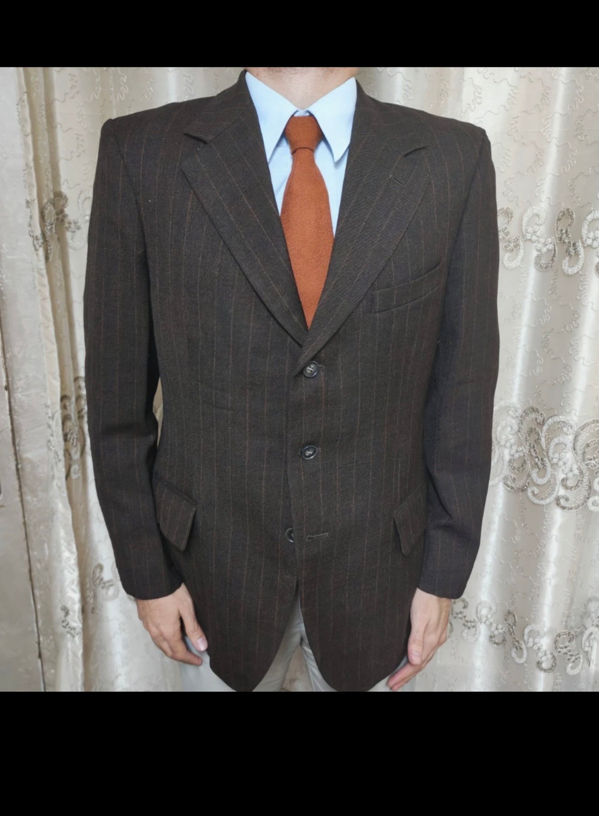 1970s dated vintage pure wool classic brown striped suit jacket blazer 38R