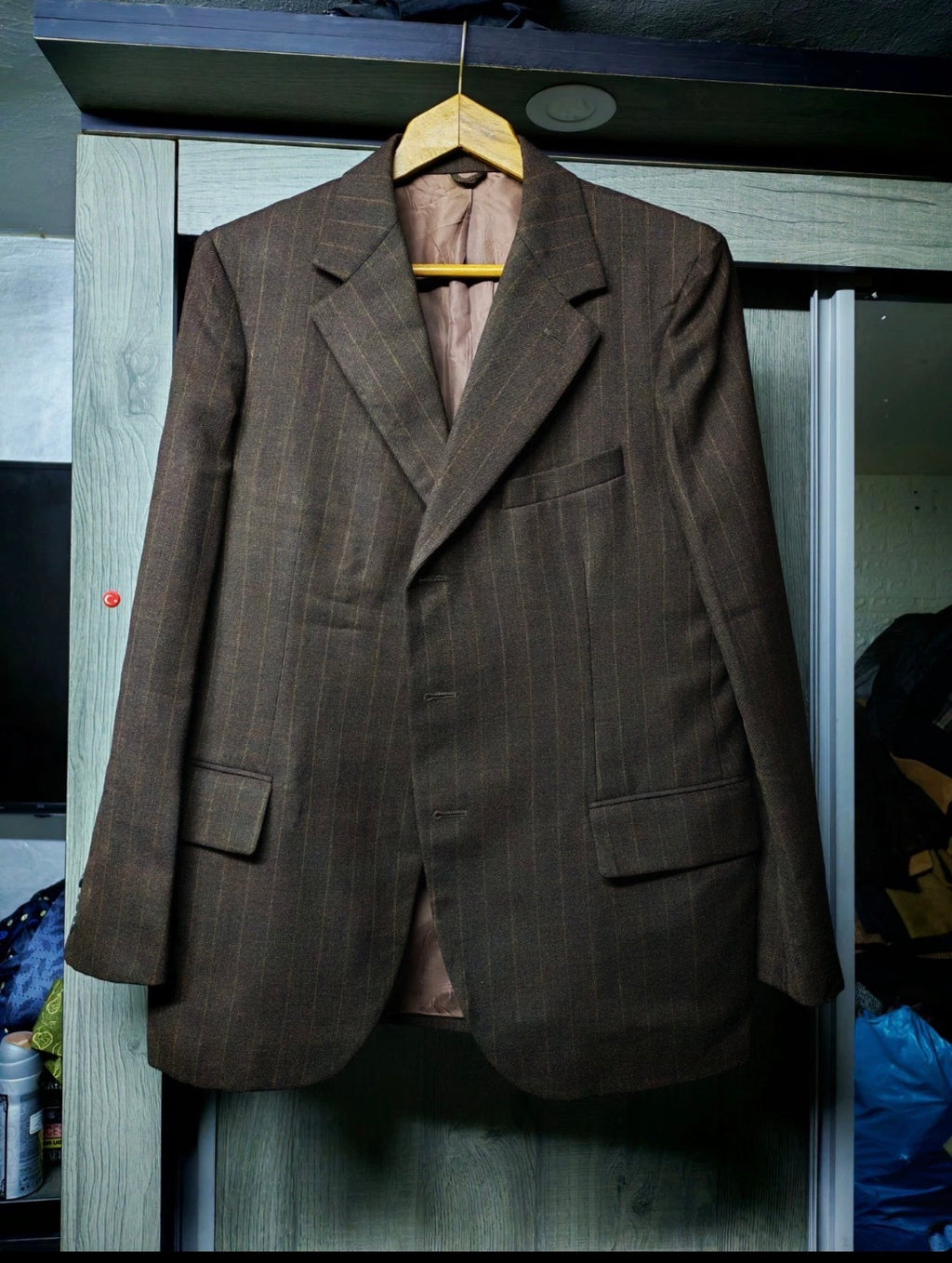1970s dated vintage pure wool classic brown striped suit jacket blazer 38R