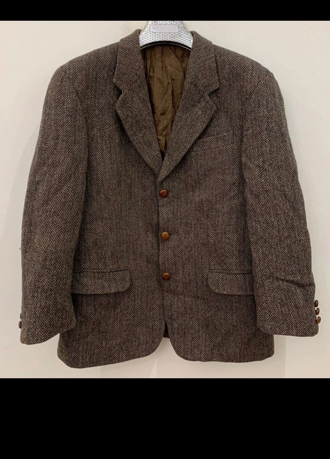 Vintage pure wool handwoven Tweed herringbone brown hunting jacket blazer 40S