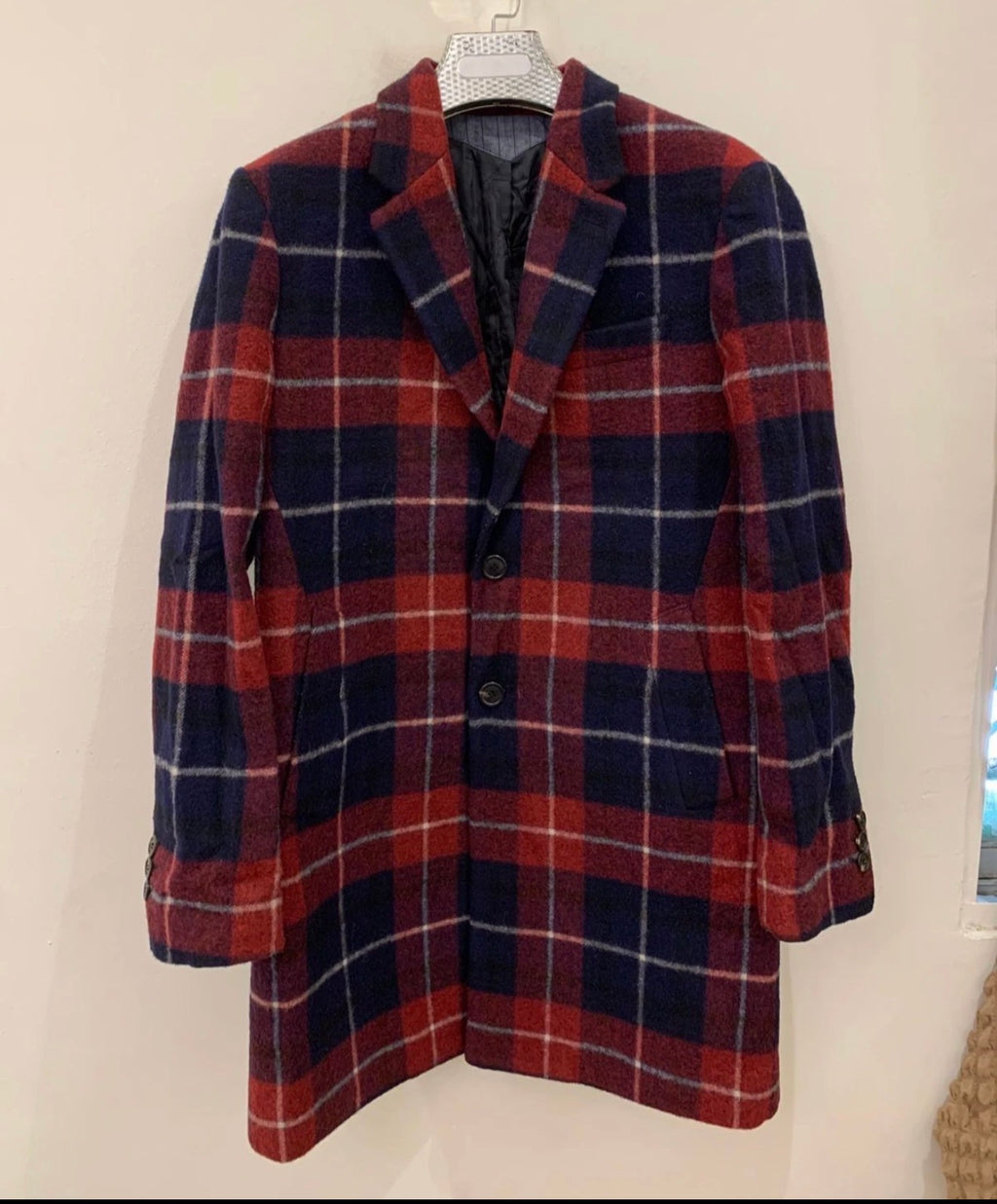 Classic unique style wool blended plaid navy red over coat 40R