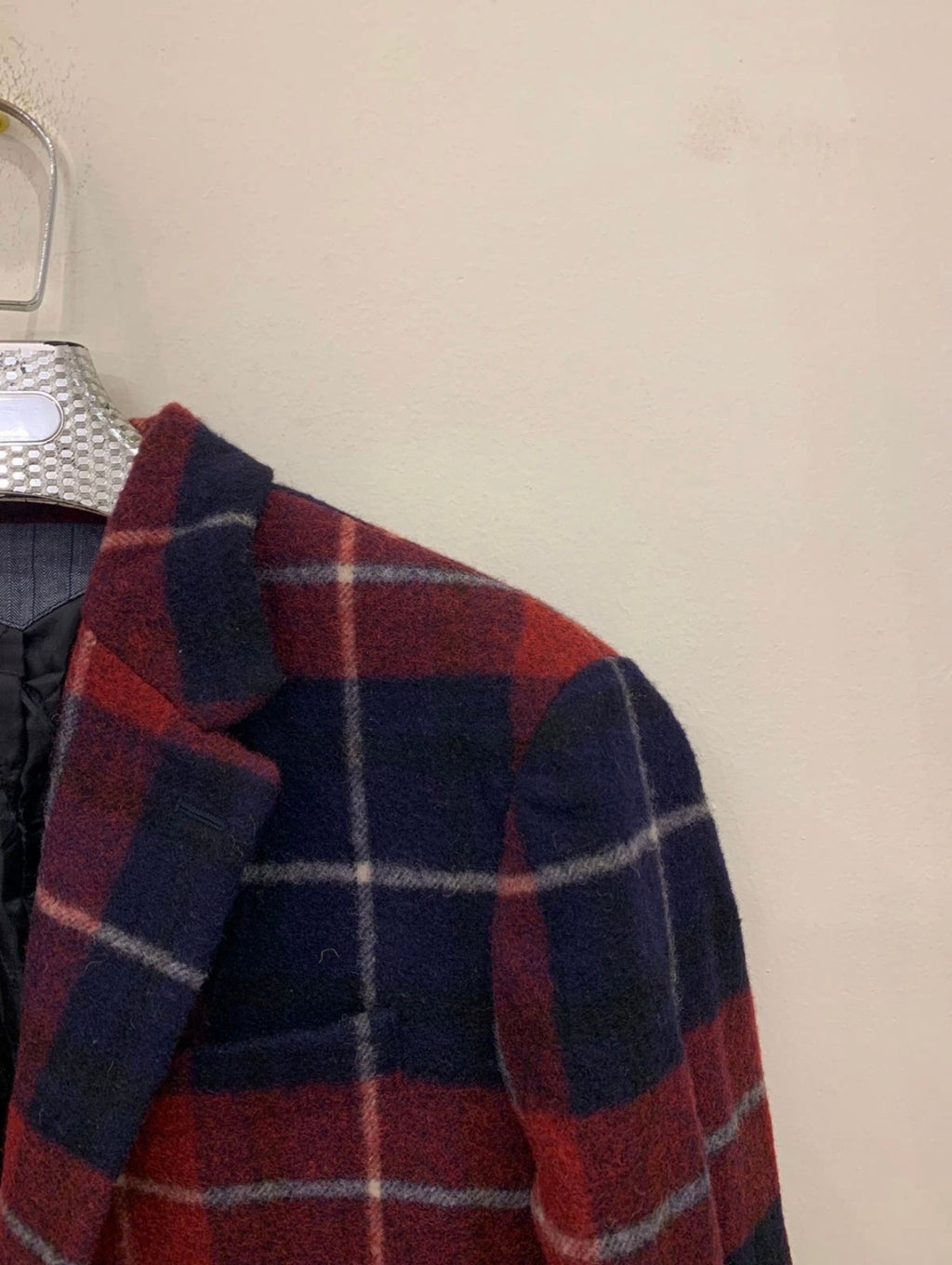 Classic unique style wool blended plaid navy red over coat 40R