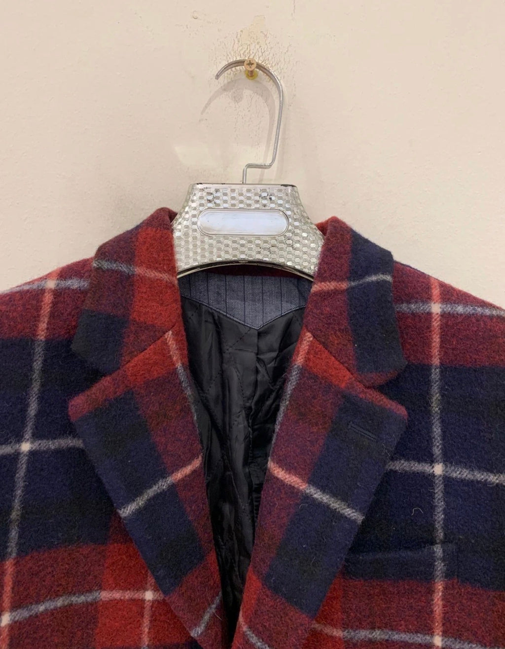 Classic unique style wool blended plaid navy red over coat 40R