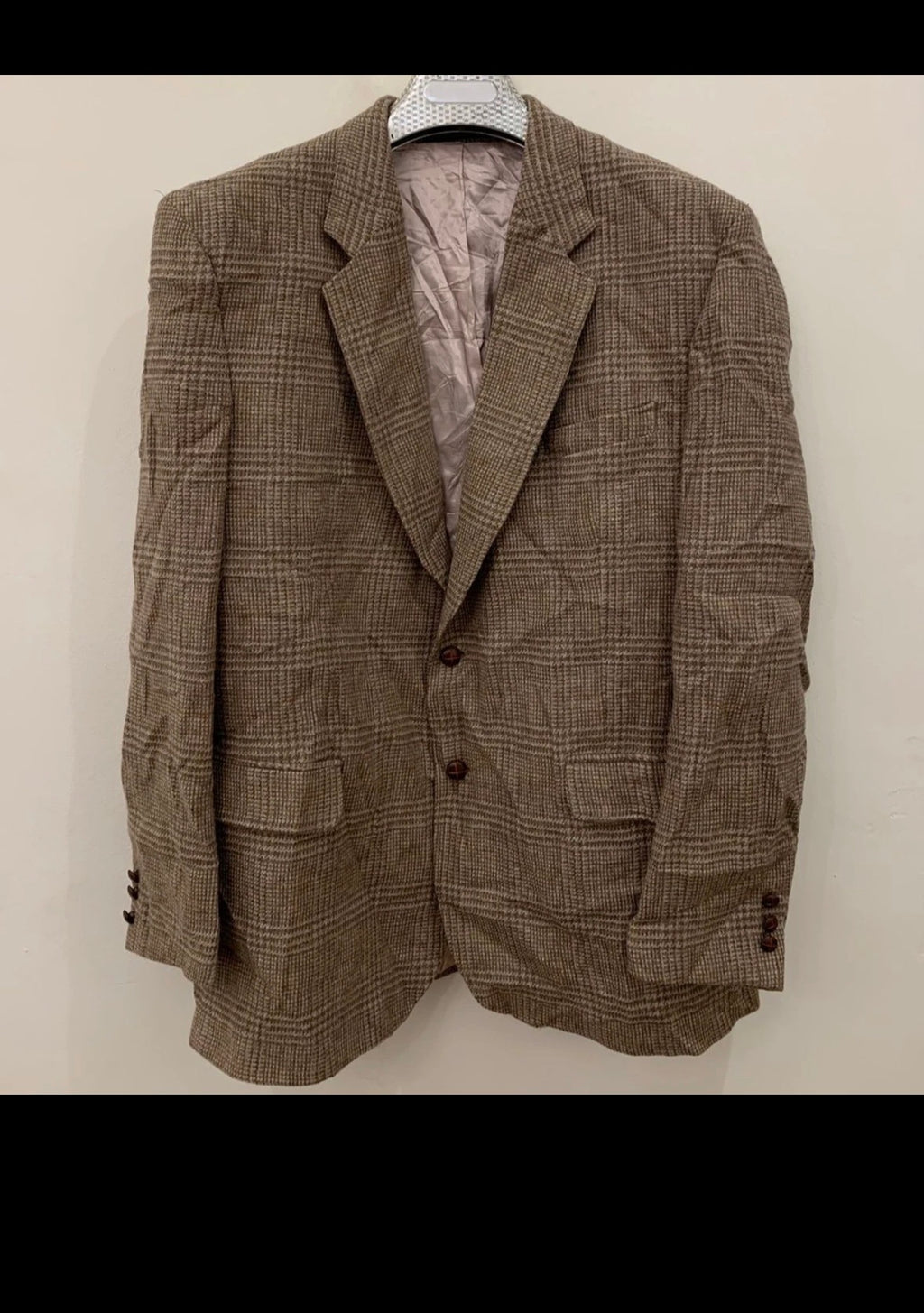 Vintage pure wool handwoven tweed glen check brown hunting jacket blazer 44L