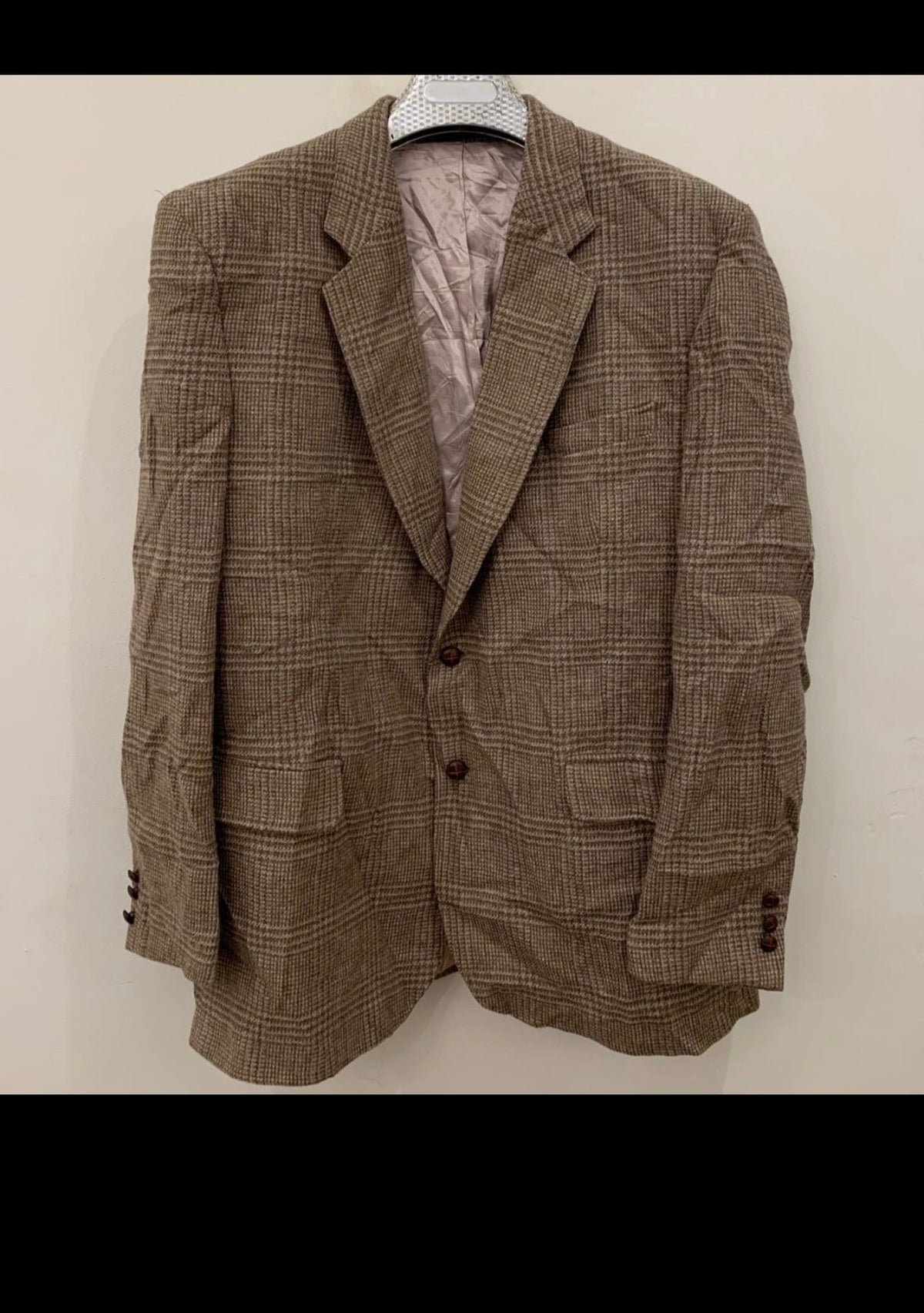 Vintage pure wool handwoven tweed glen check brown hunting jacket blazer 44L