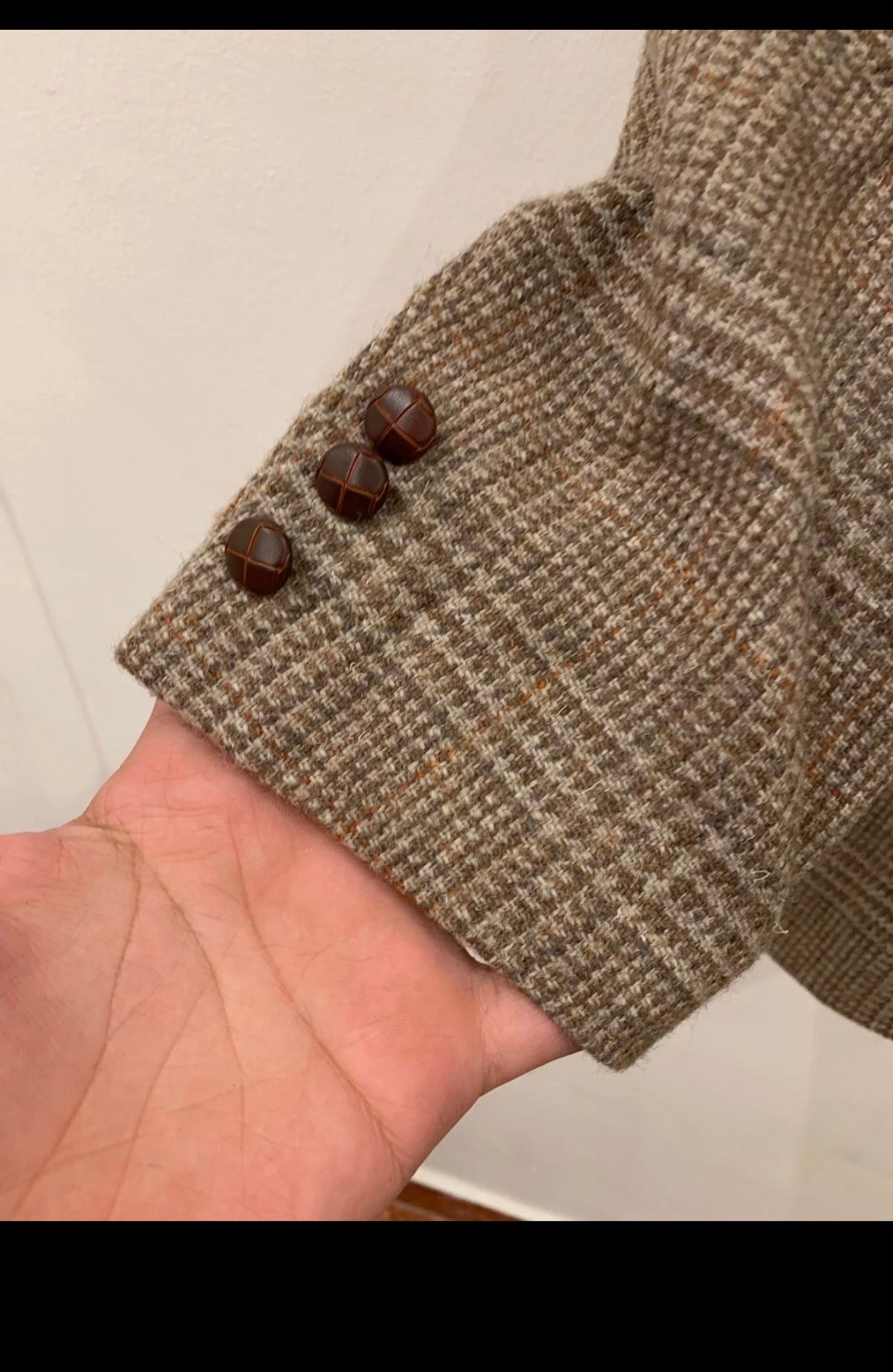 Vintage pure wool handwoven tweed glen check brown hunting jacket blazer 44L