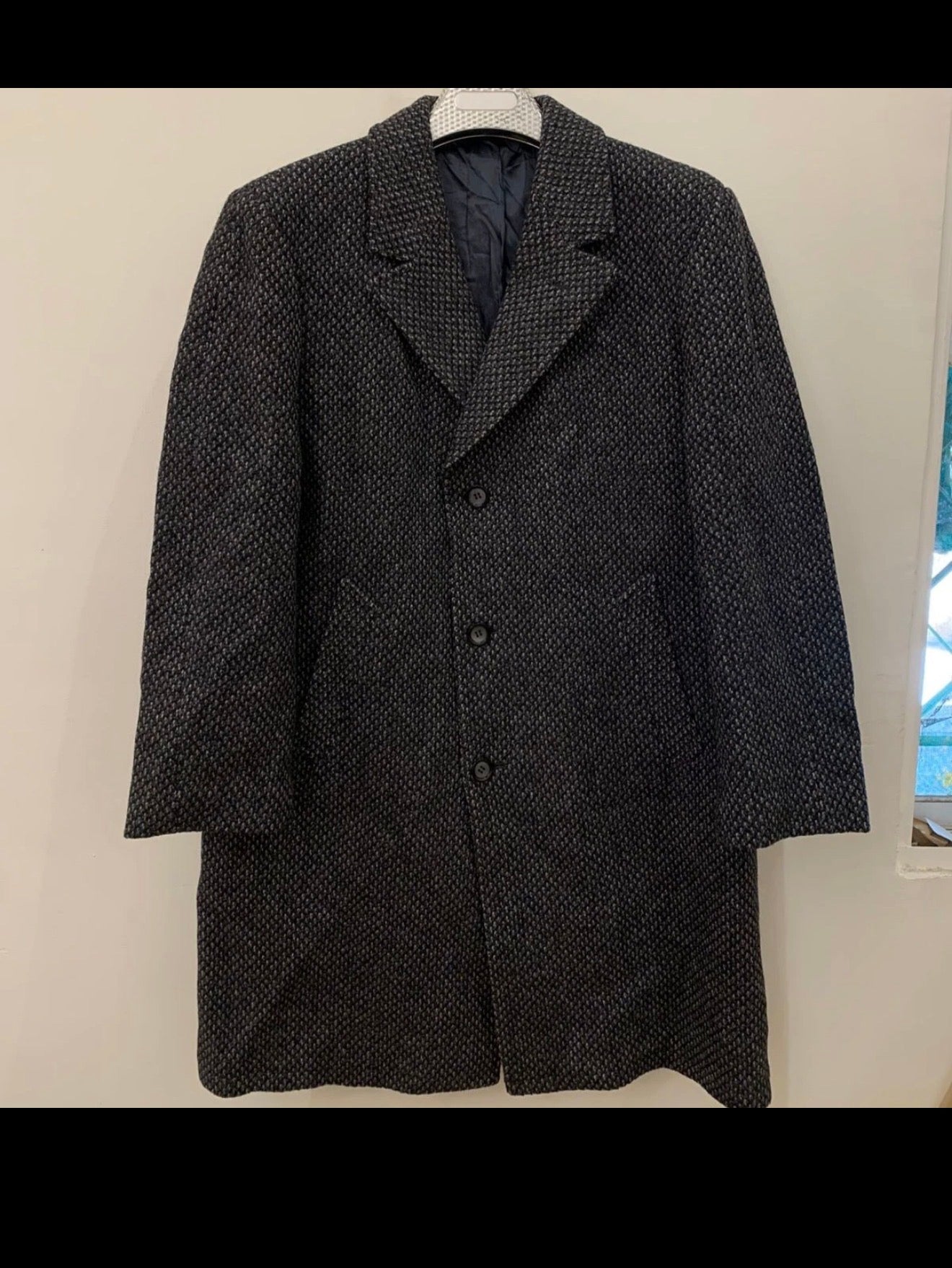1970s Vintage pure wool handwoven tweed classic charcoal over coat 44R