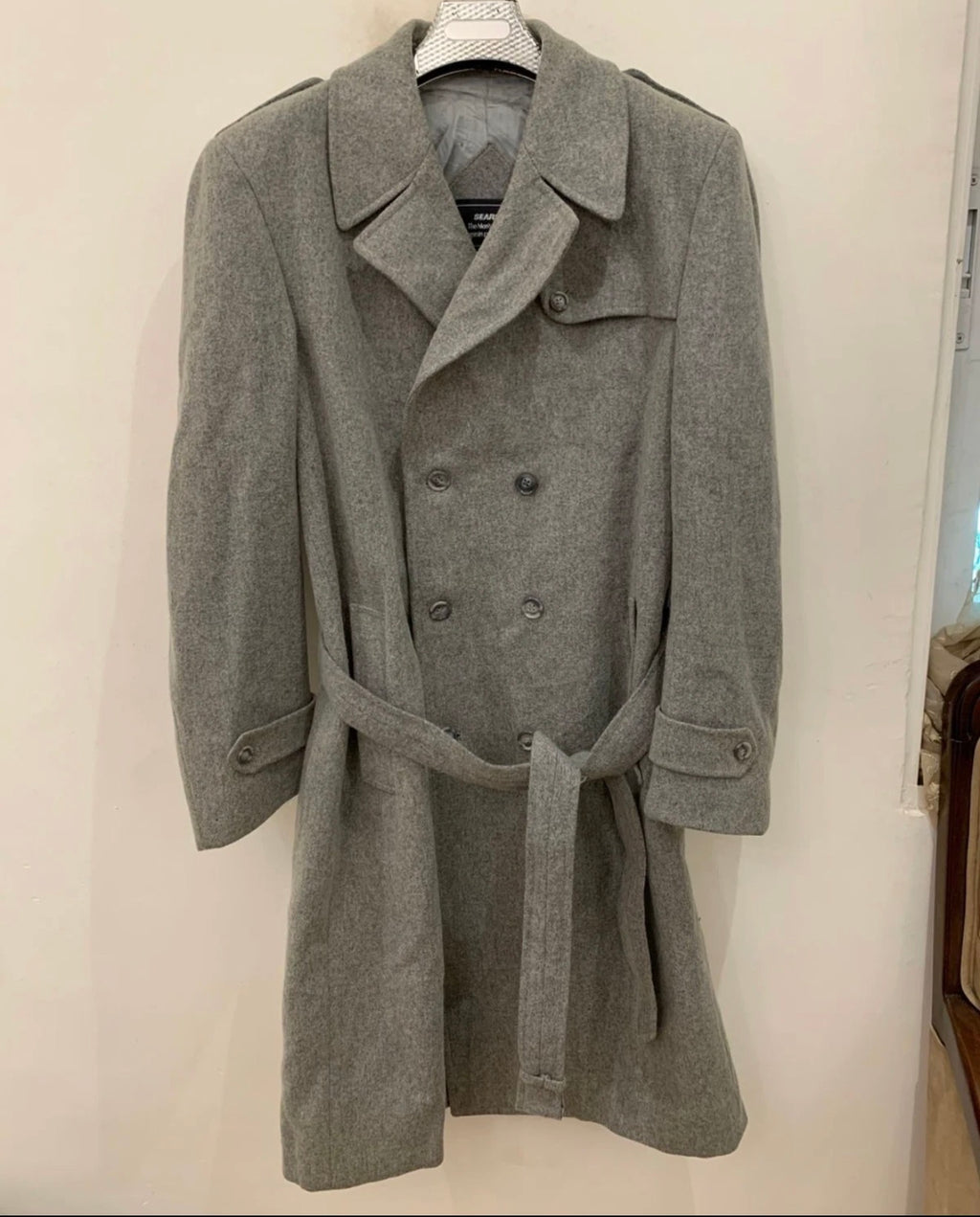 1970s Vintage classic woollen Wool double breasted belted gray over coat 46L XL