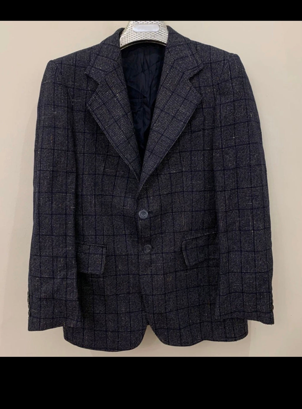 1970s vintage pure wool Windowpane rockabilly disco blue jacket blazer 38R