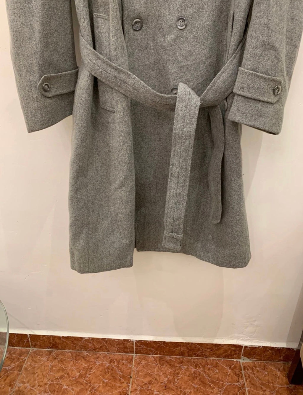 1970s Vintage classic woollen Wool double breasted belted gray over coat 46L XL