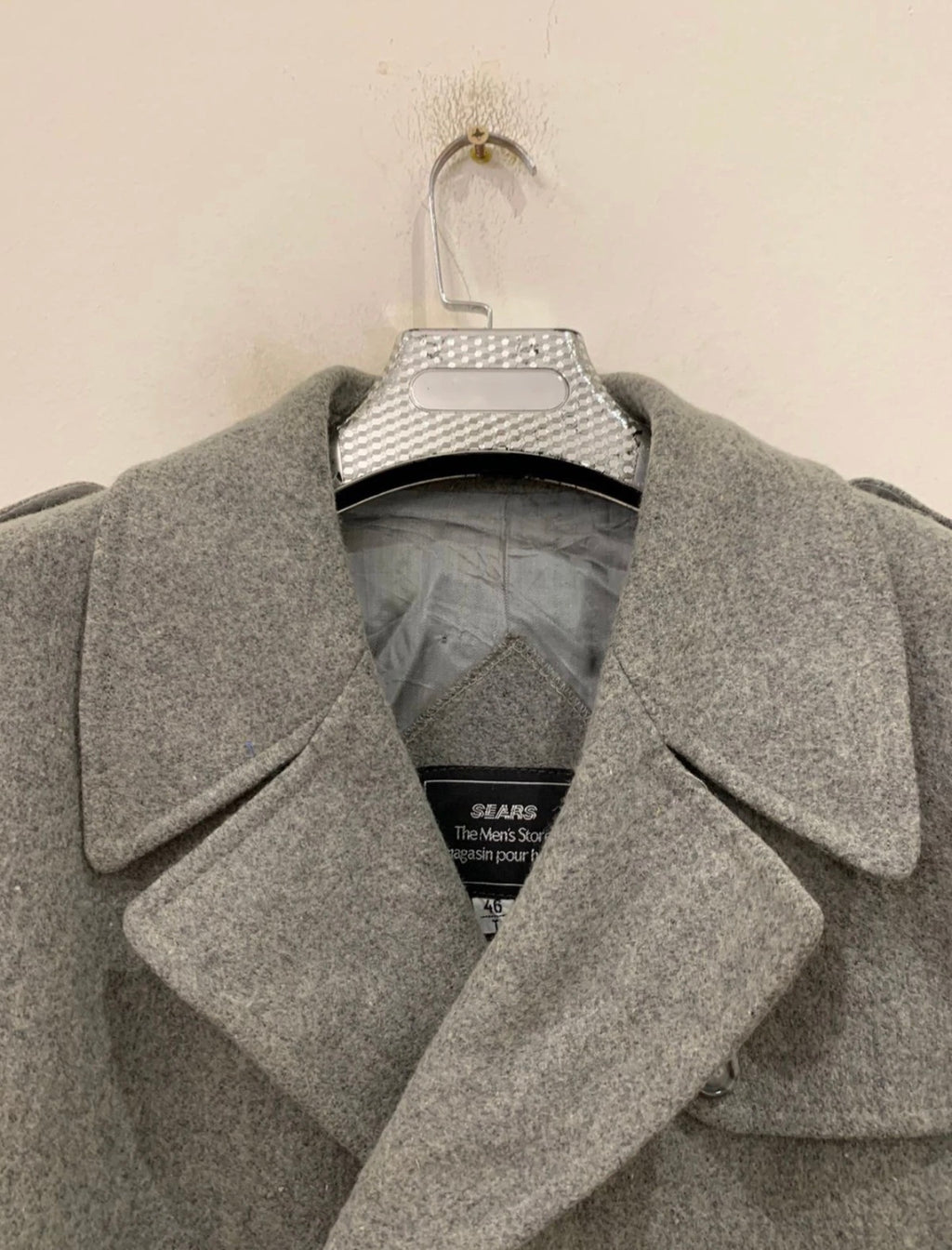 1970s Vintage classic woollen Wool double breasted belted gray over coat 46L XL