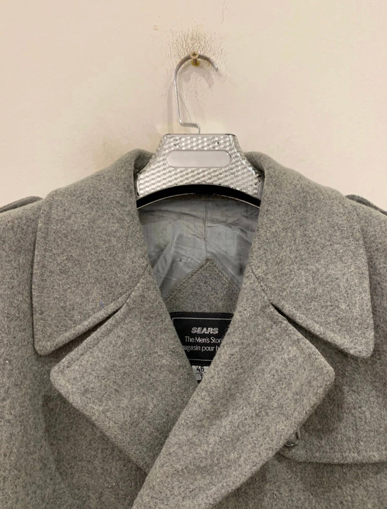 1970s Vintage classic woollen Wool double breasted belted gray over coat 46L XL