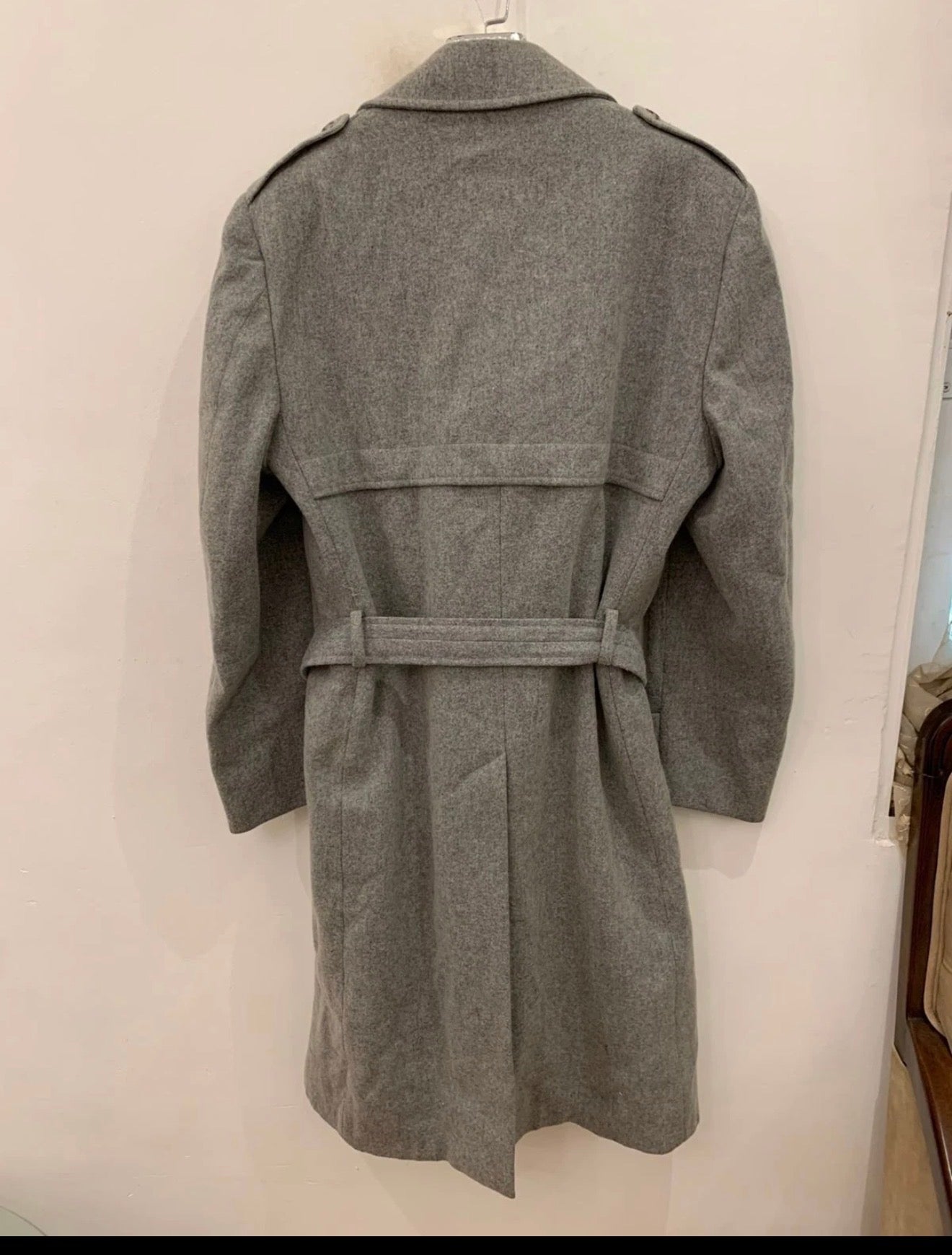1970s Vintage classic woollen Wool double breasted belted gray over coat 46L XL