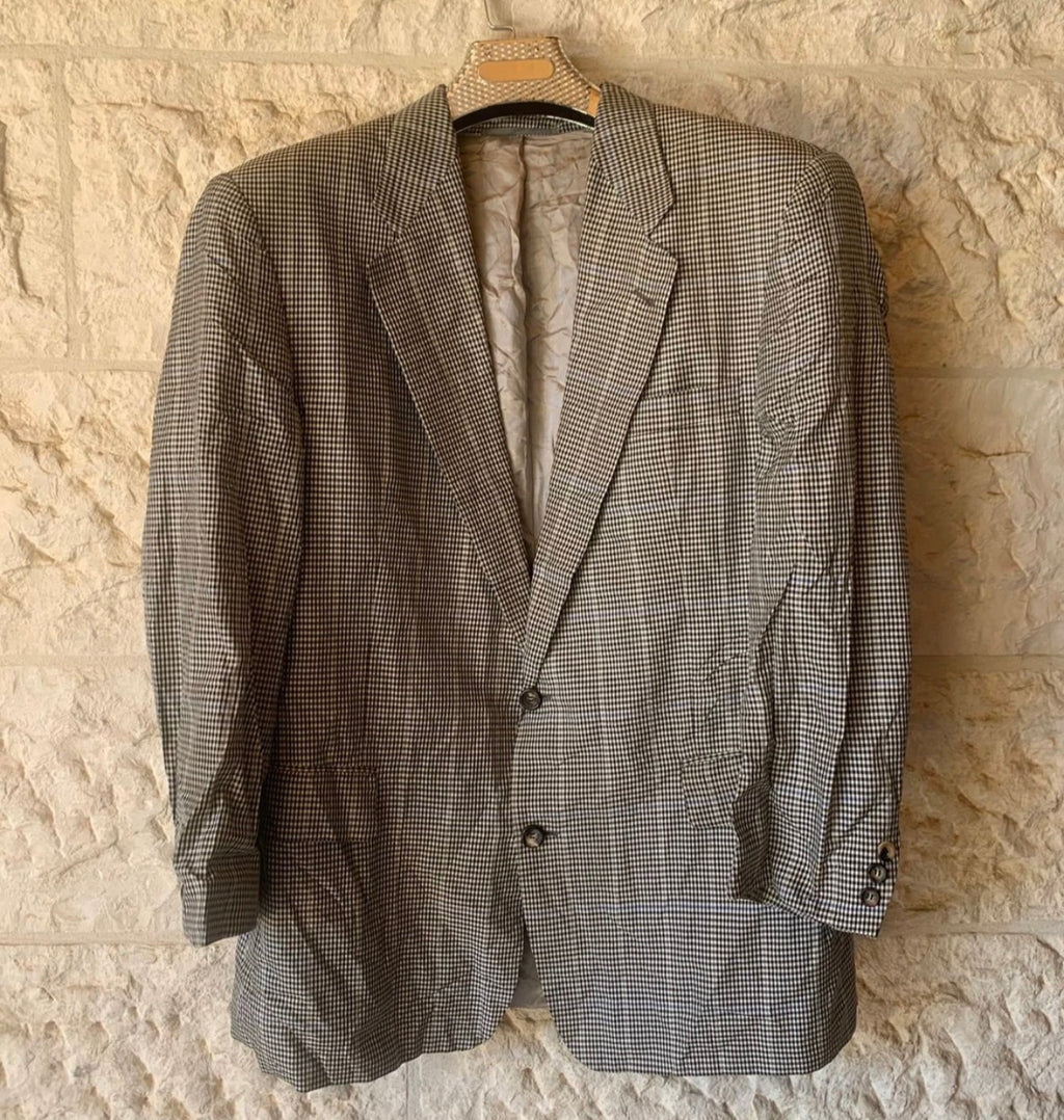 Vintage 100% pure silk camouflage plaid classic gray jacket blazer 42R