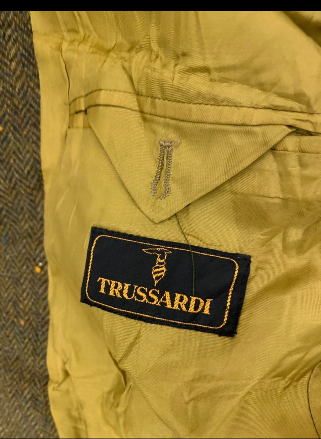 Vintage trussardi pure wool handwoven tweed herringbone green jacket blazer 42R