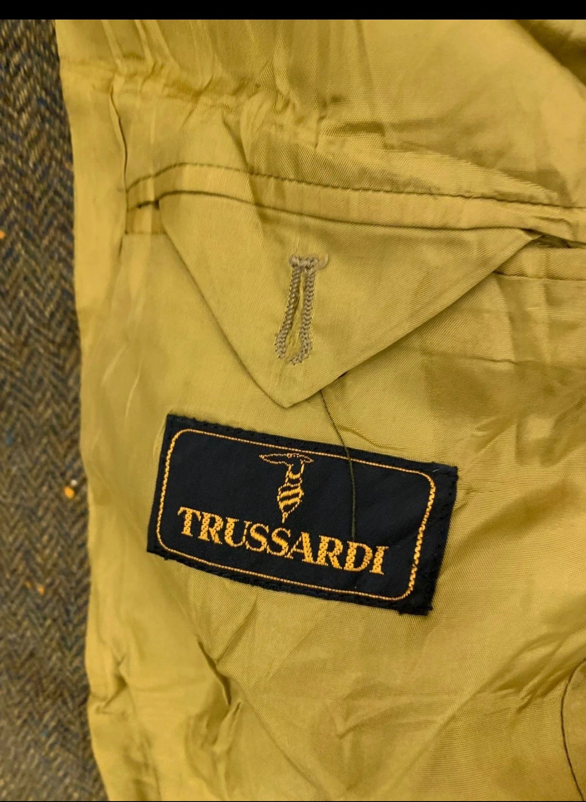 Vintage trussardi pure wool handwoven tweed herringbone green jacket blazer 42R