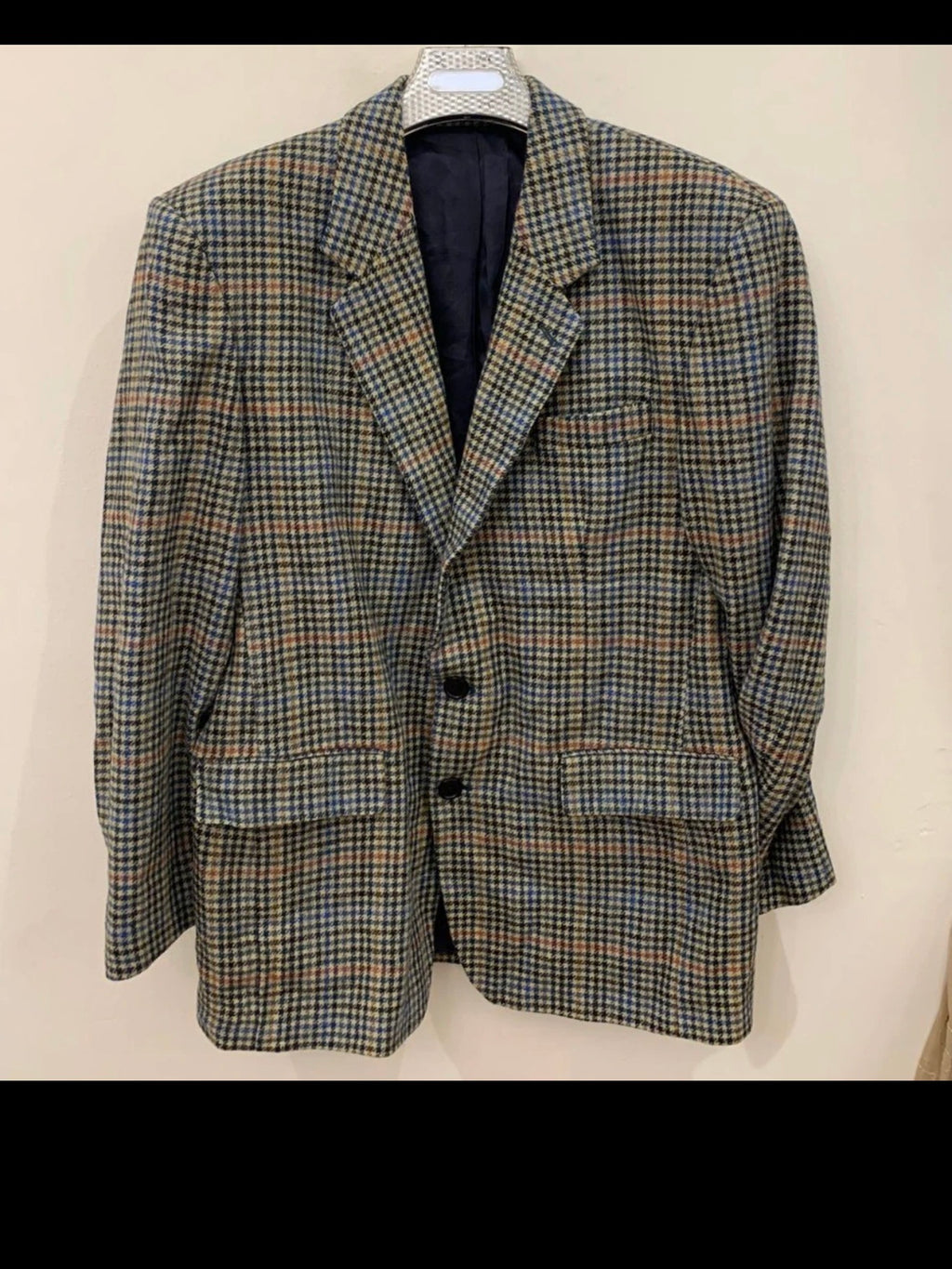 Vintage houndstooth plaid pure wool handwoven tweed jacket blazer 42R