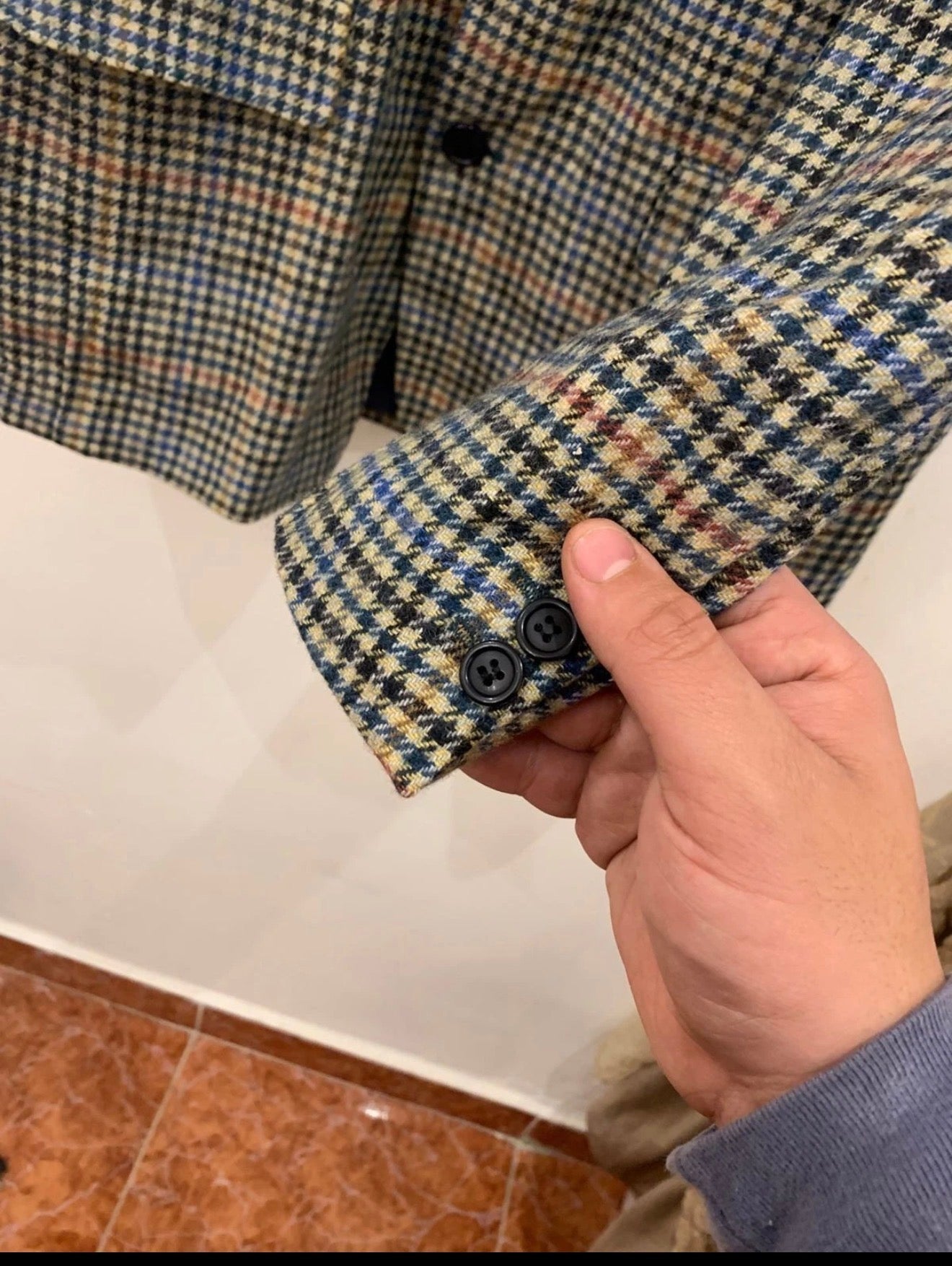 Vintage houndstooth plaid pure wool handwoven tweed jacket blazer 42R