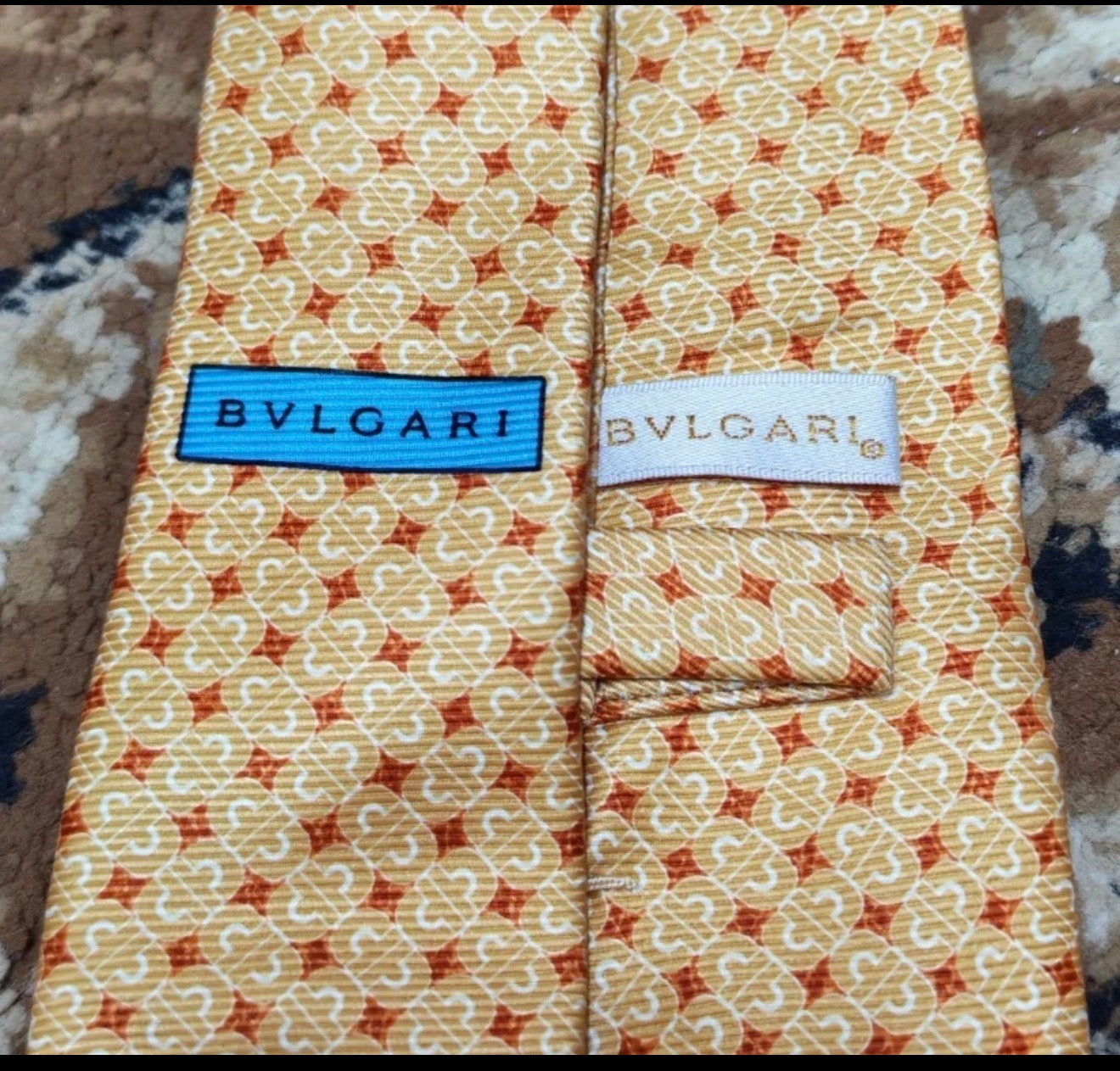 Vintage Bvlgari classic 100% all silk luxury Geometric orange neck tie