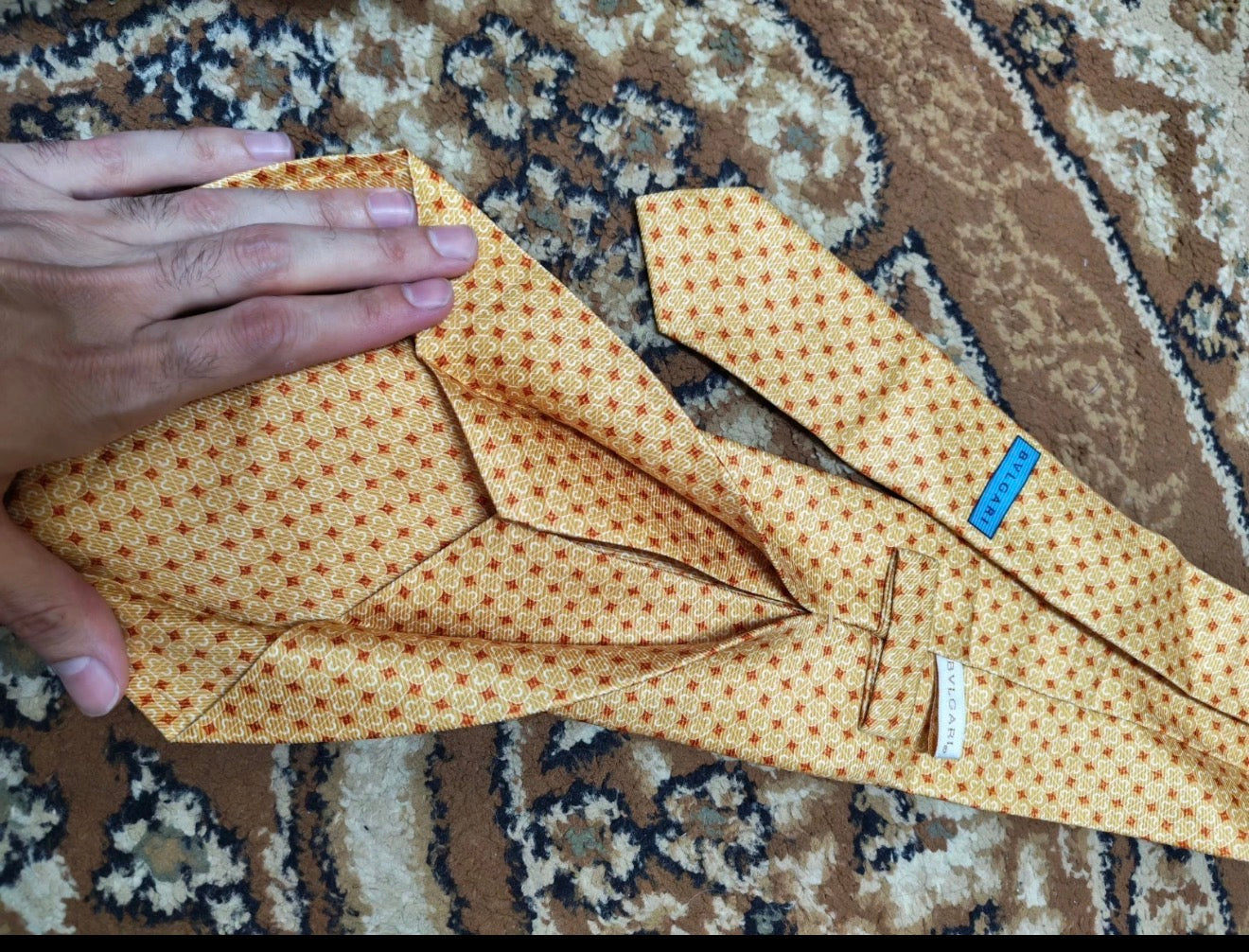 Vintage Bvlgari classic 100% all silk luxury Geometric orange neck tie