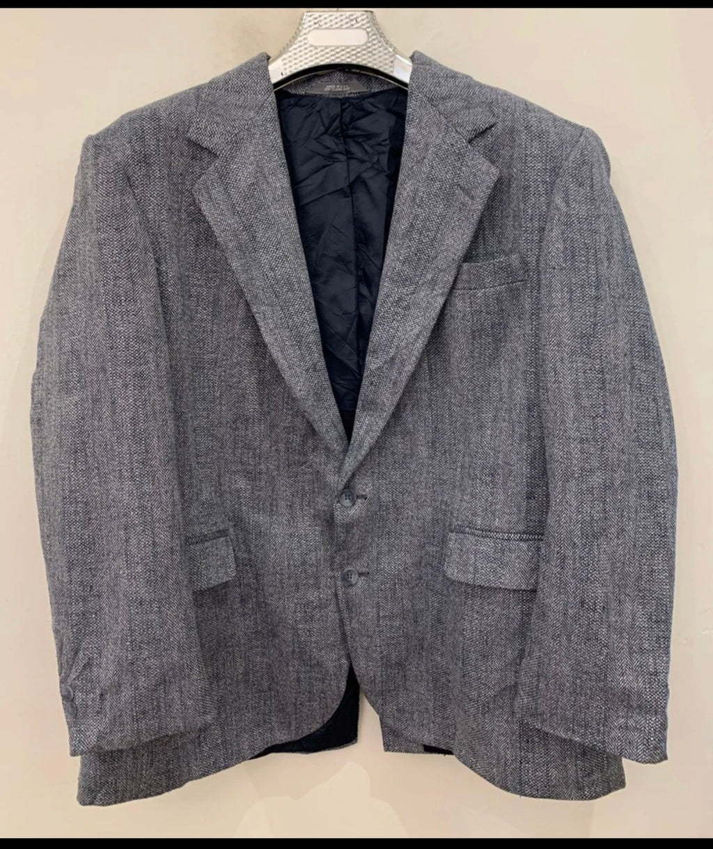 Vintage pure wool soft tweed herringbone classic gray blue jacket blazer 44R