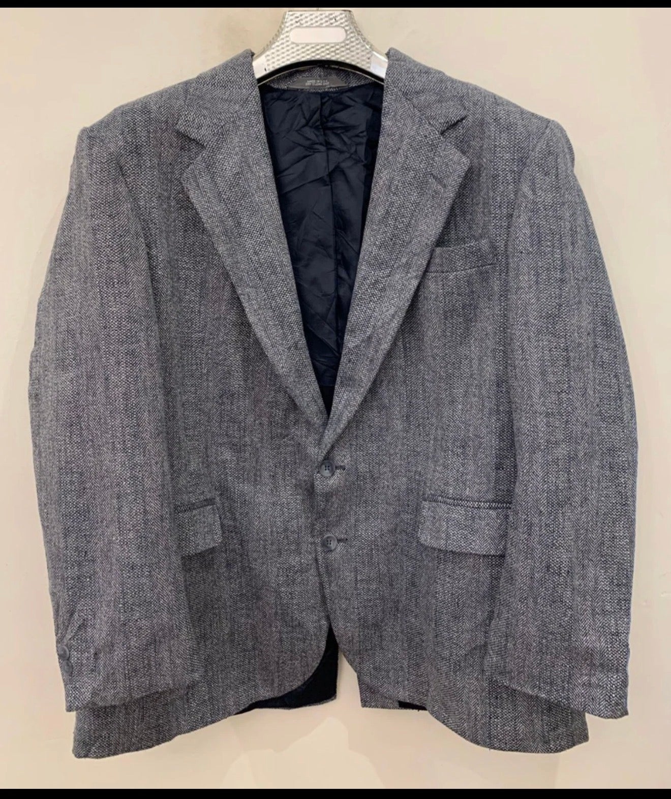Vintage pure wool soft tweed herringbone classic gray blue jacket blazer 44R