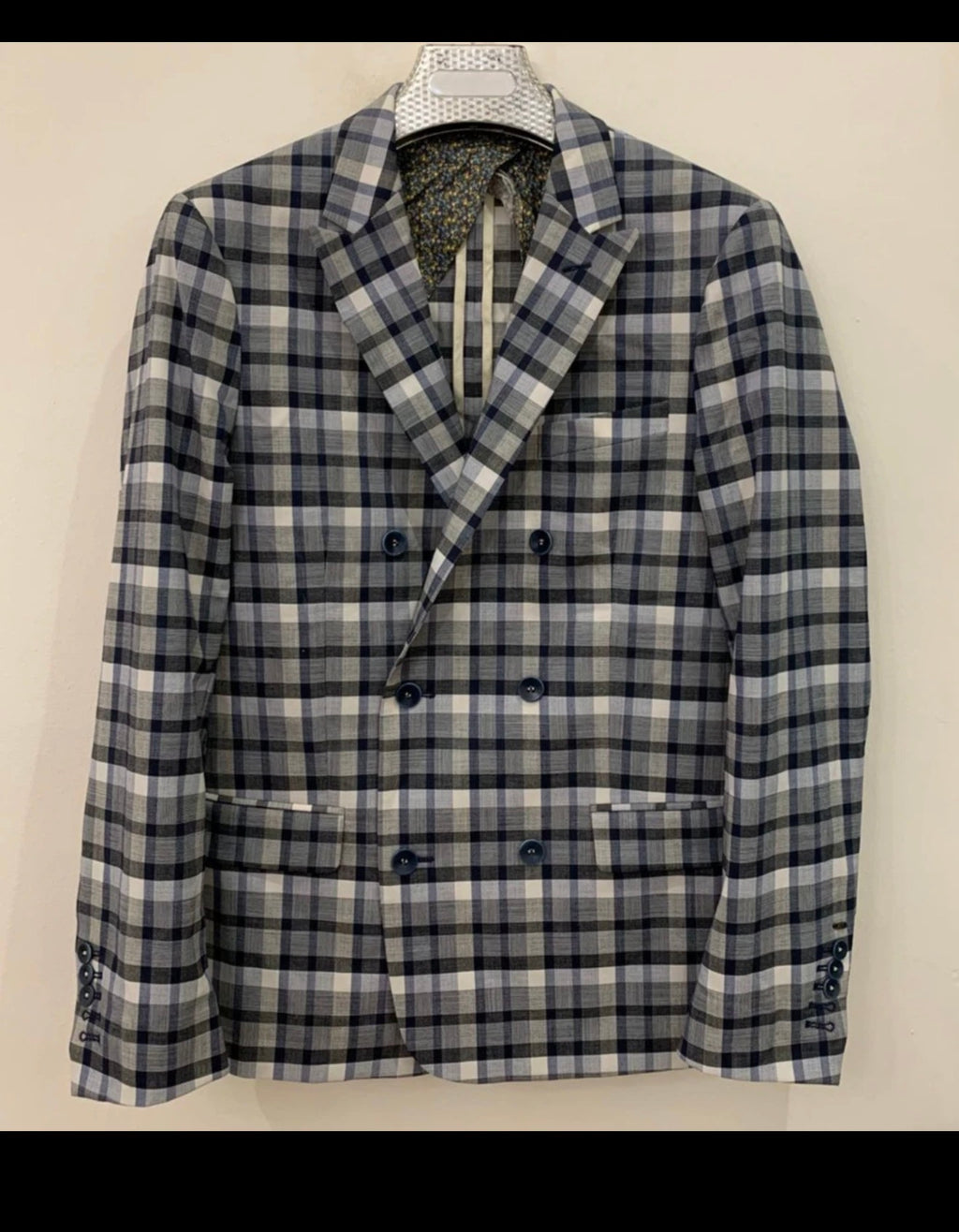 Classic Bertoni wool blend plaid double breasted jacket blazer 38R