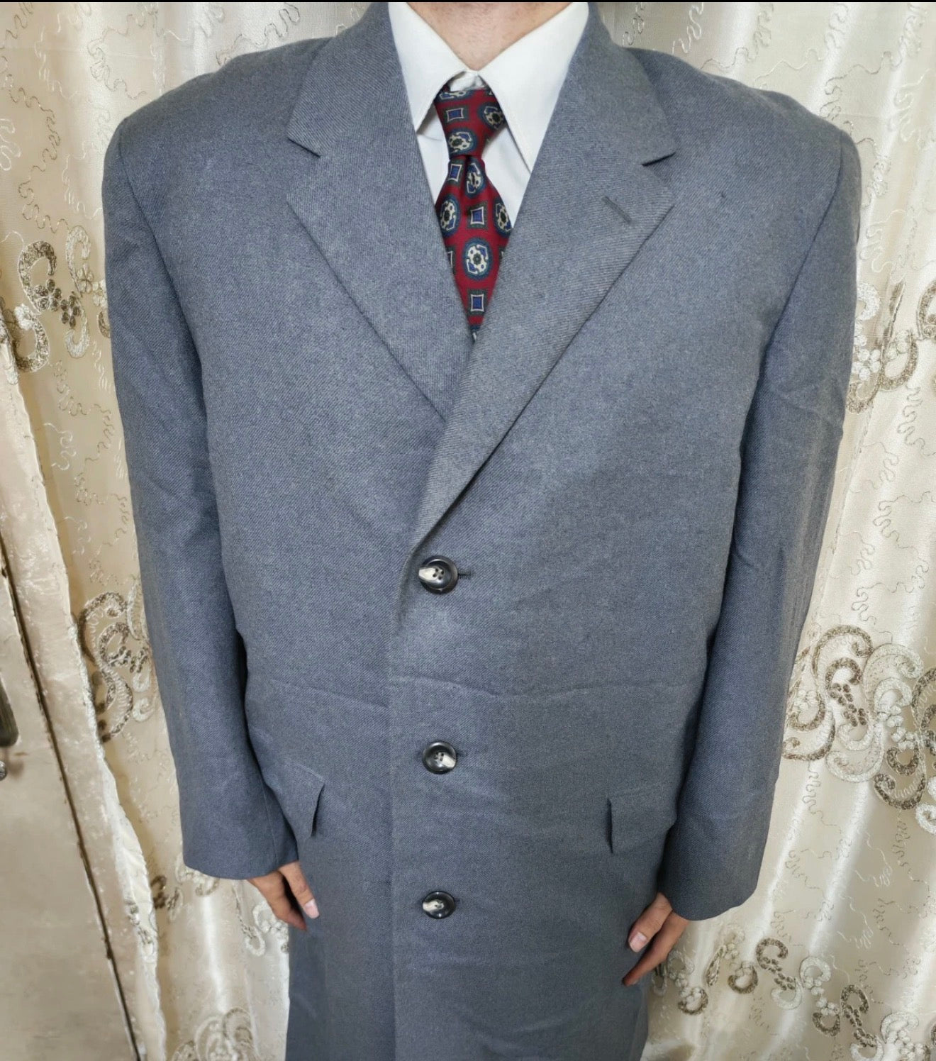 1970s vintage wool camel hair classic gray gabardine suit over coat 44R