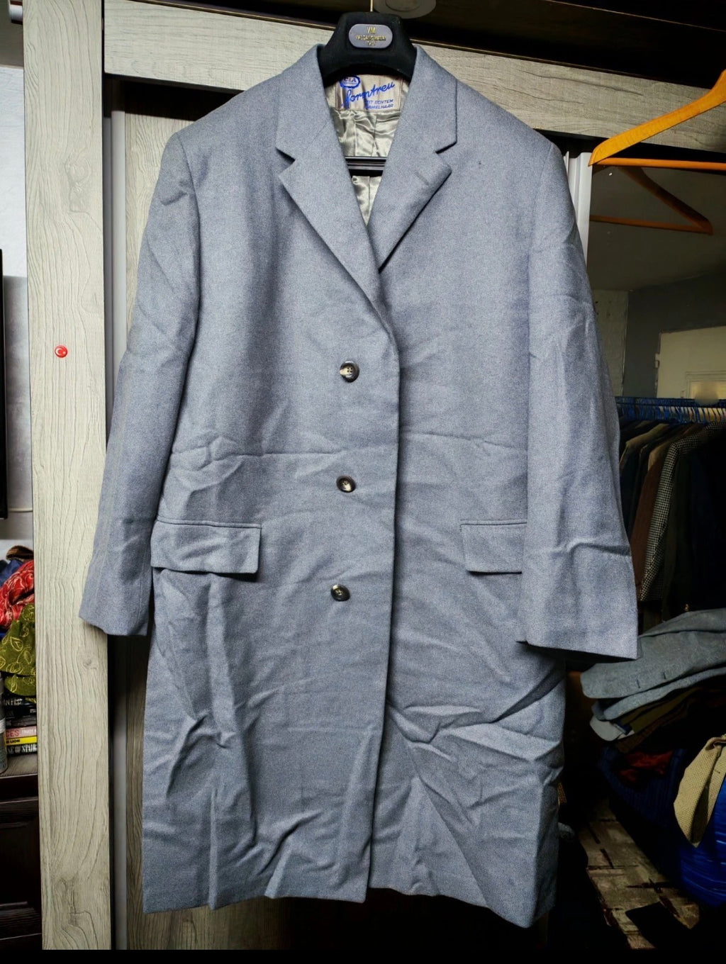 1970s vintage wool camel hair classic gray gabardine suit over coat 44R