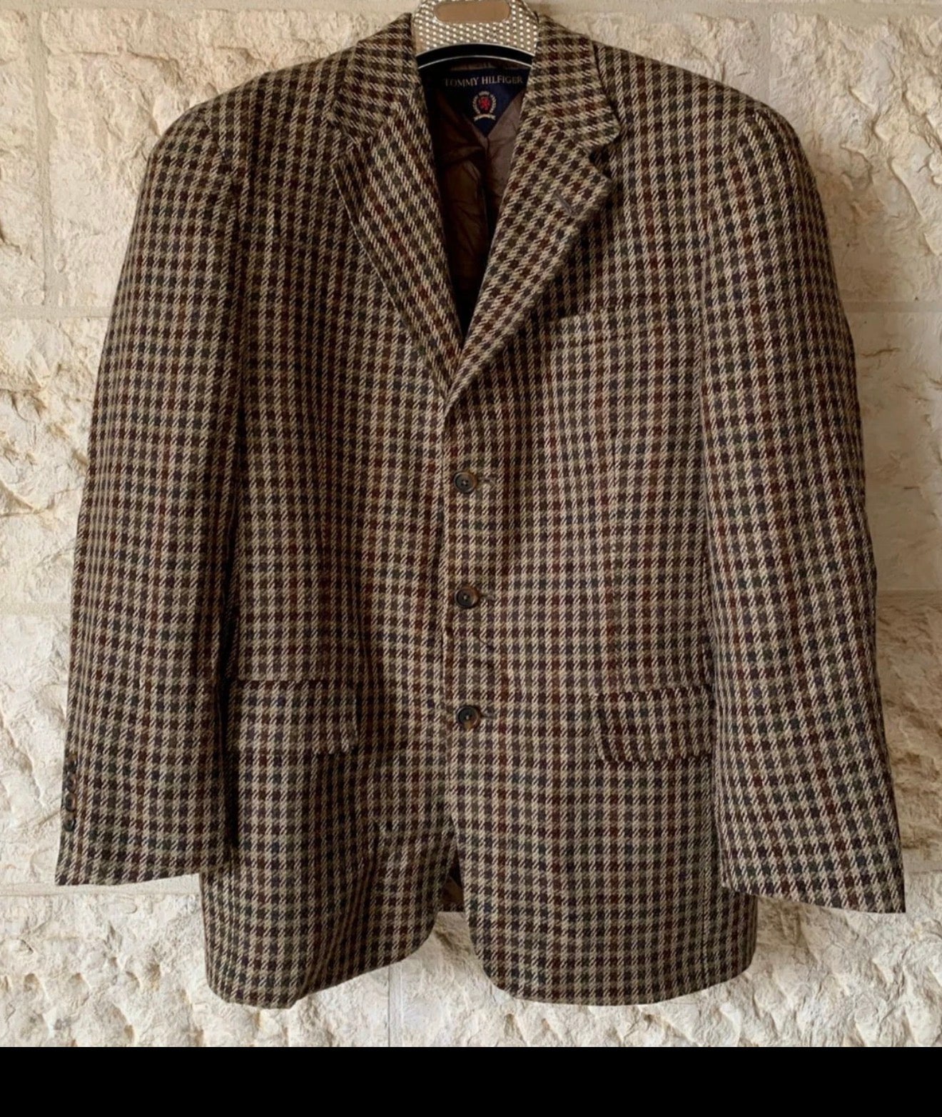 Vintage Tommy Hilfiger pure wool handwoven tweed plaid brown jacket blazer 40R