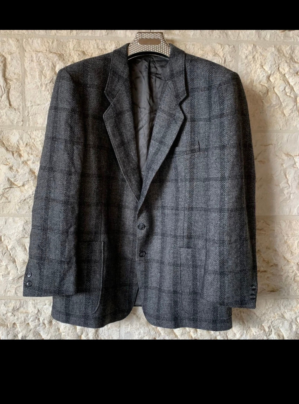 Vintage pure wool tweed Windowpane charcoal classic hunting jacket blazer 42R