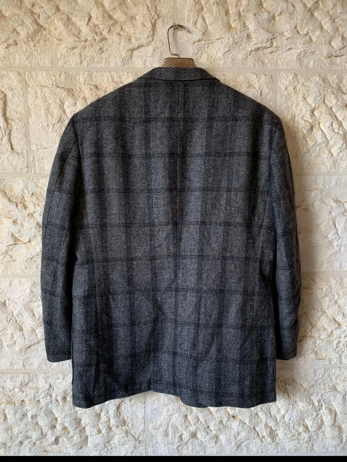 Vintage pure wool tweed Windowpane charcoal classic hunting jacket blazer 42R