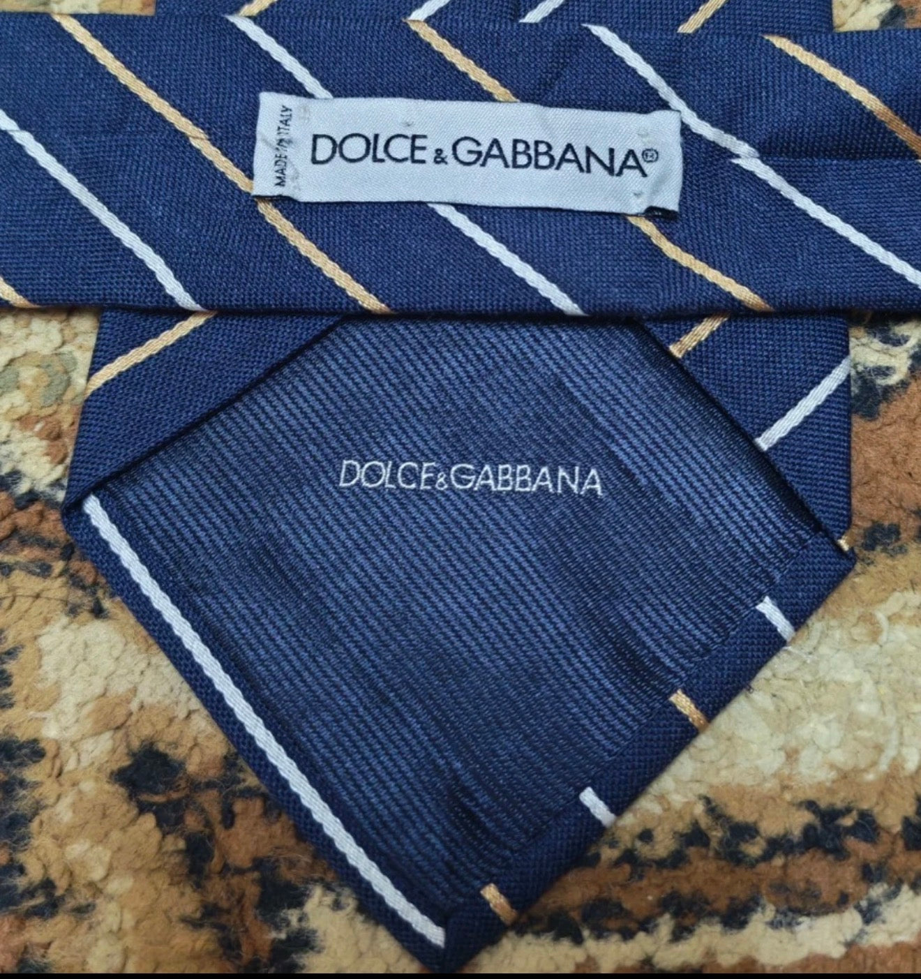 Classic DOLCE & GABBANA Silk Linen Blend luxury Navy candy cane neck tie