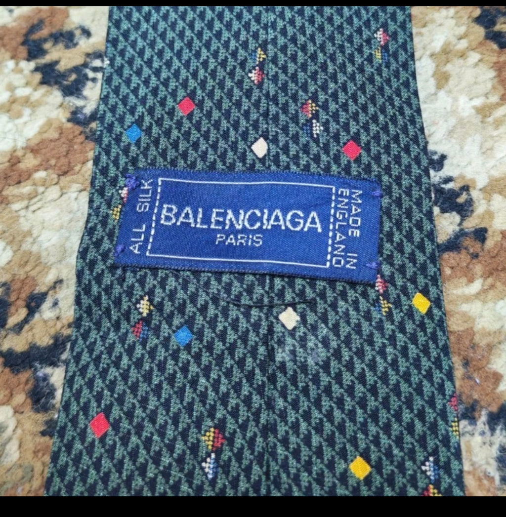 Vintage Balenciaga Paris classic 100% all silk luxury Geometric green neck tie