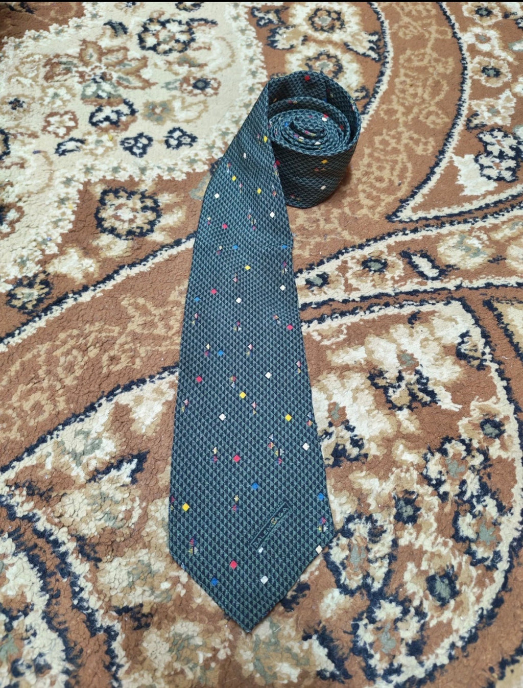 Vintage Balenciaga Paris classic 100% all silk luxury Geometric green neck tie