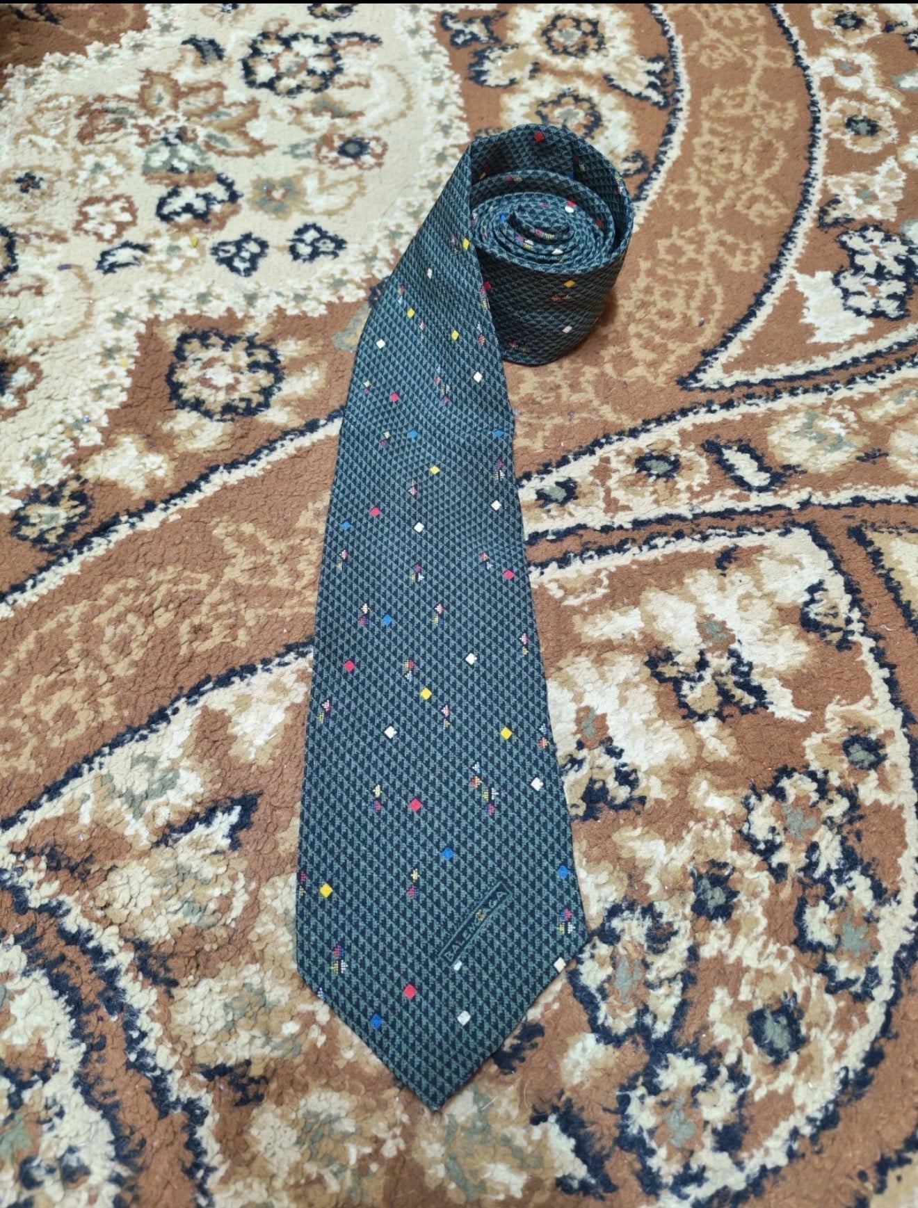 Vintage Balenciaga Paris classic 100% all silk luxury Geometric green neck tie