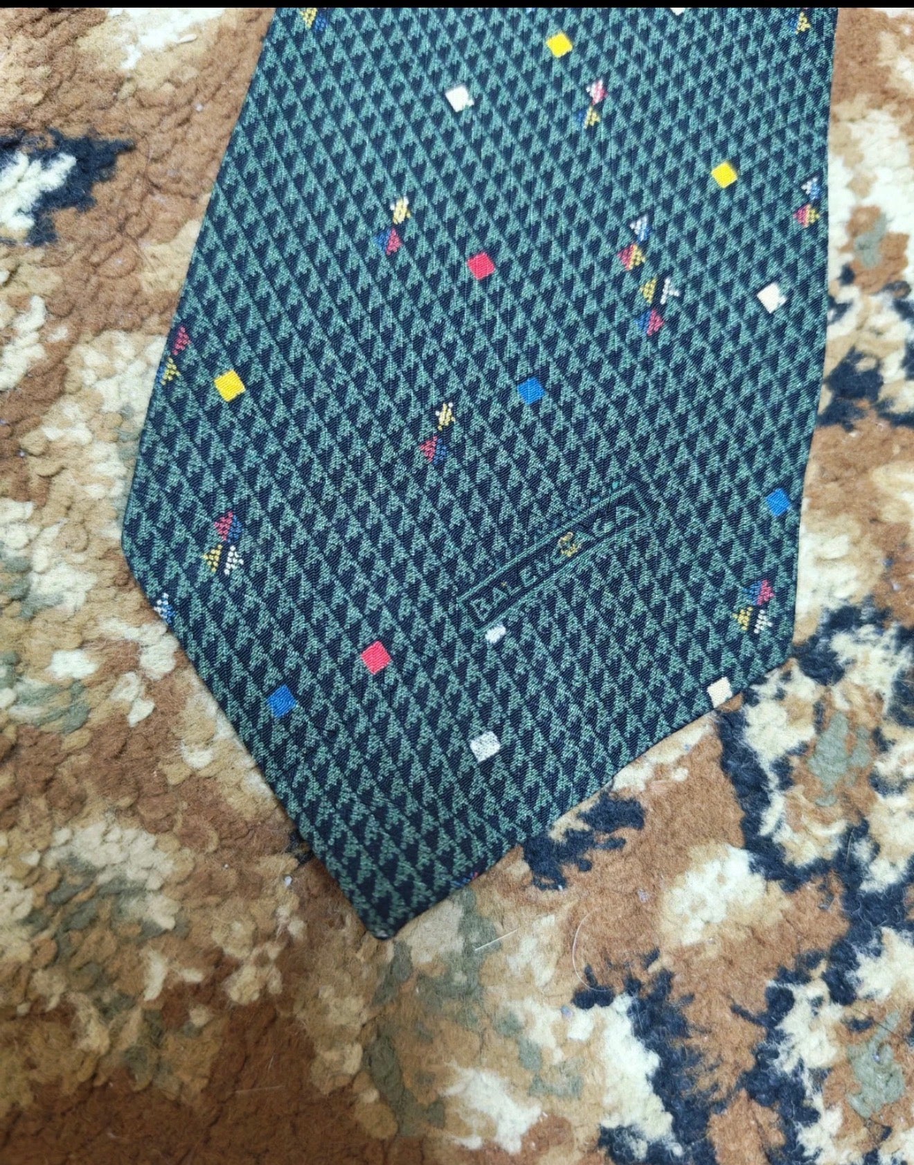Vintage Balenciaga Paris classic 100% all silk luxury Geometric green neck tie