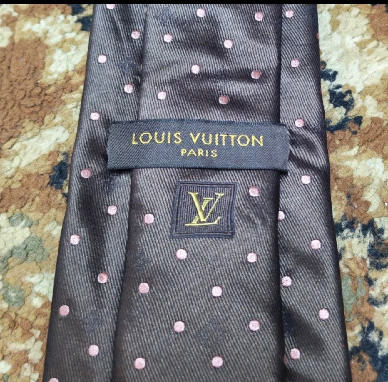 Vintage Louis Vuitton 100% all silk luxury classic brown Polka dots neck tie