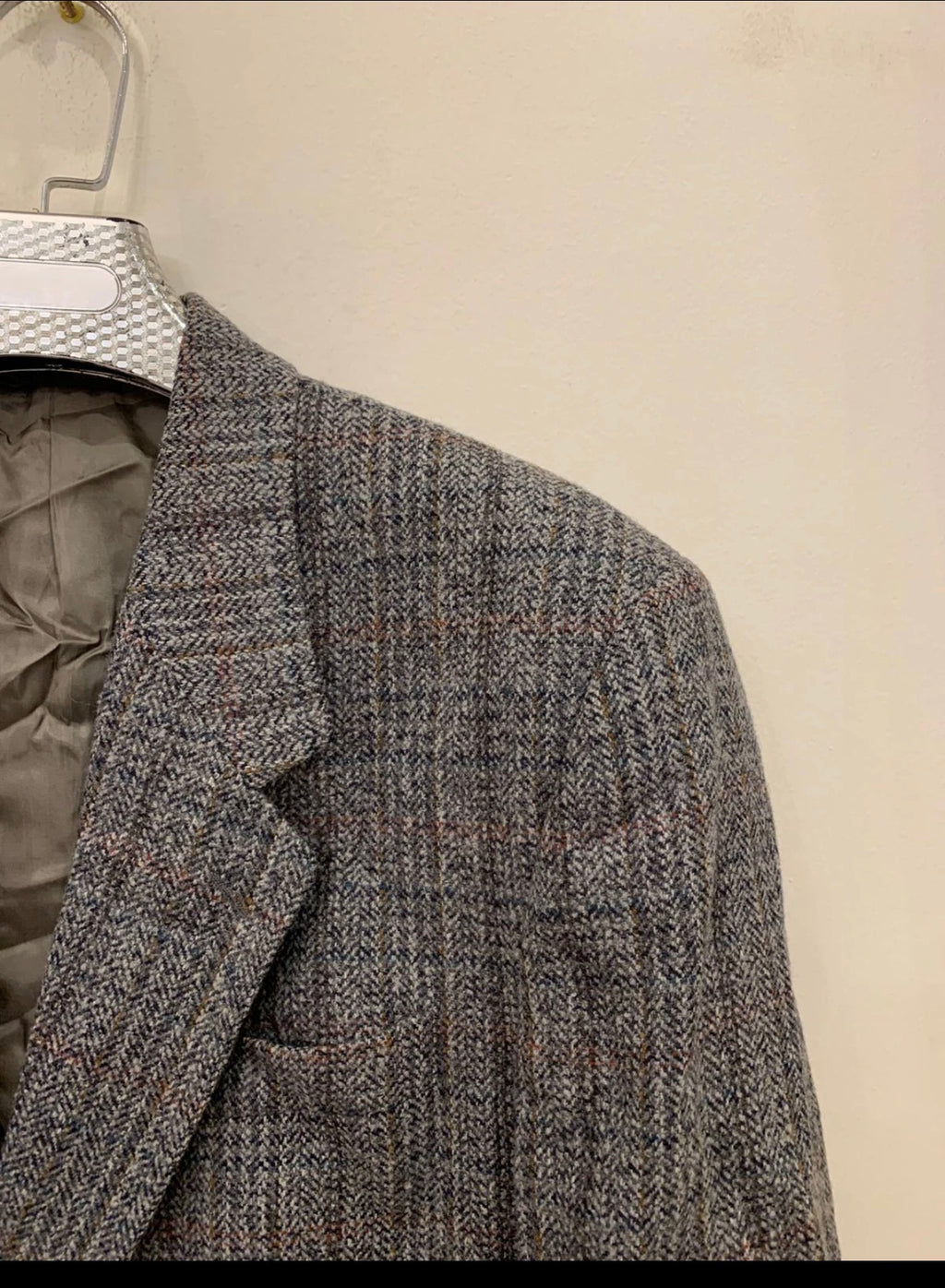 Vintage pure wool tweed glen check gray classic hunting jacket blazer 44R 44L
