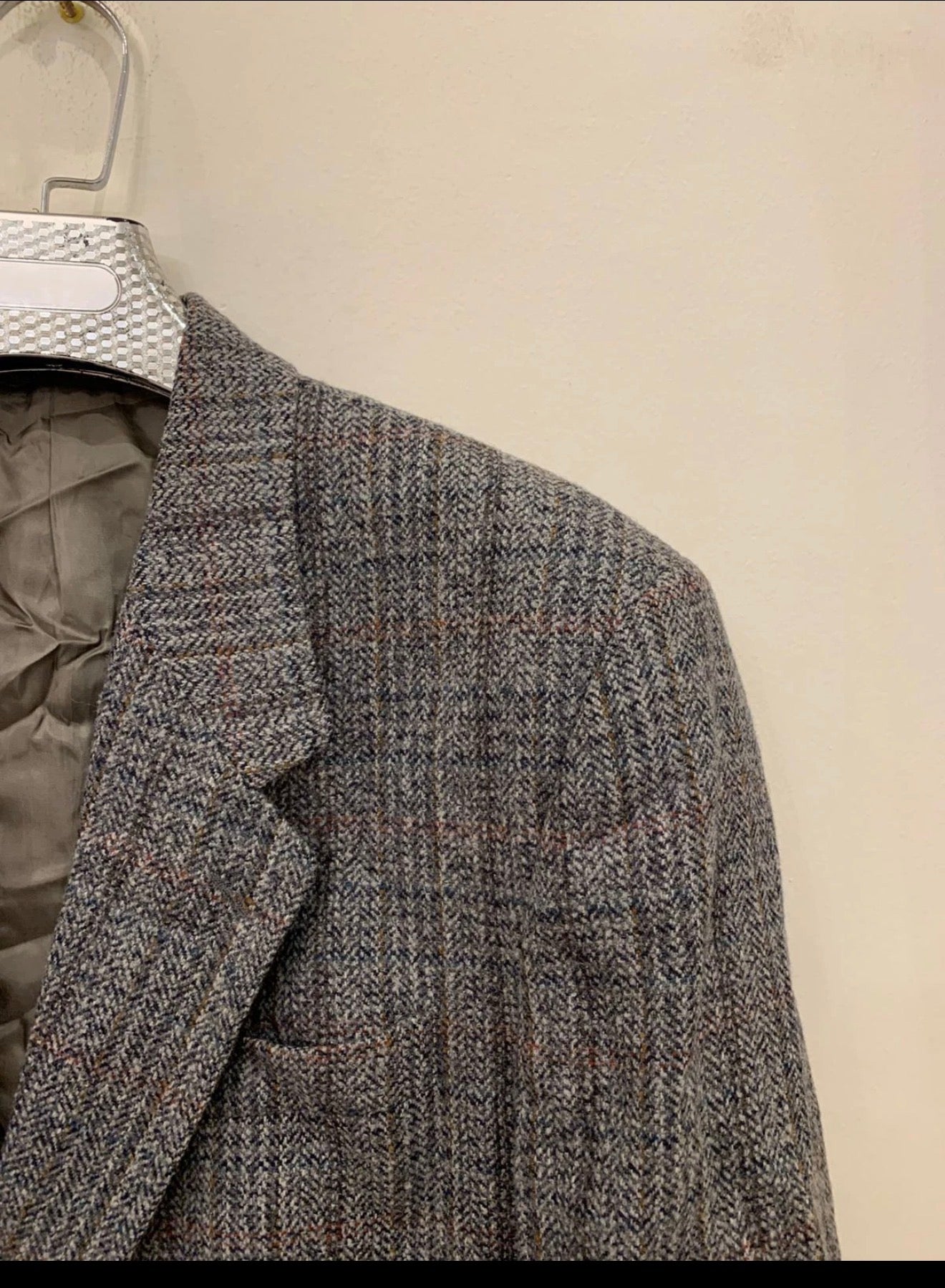 Vintage pure wool tweed glen check gray classic hunting jacket blazer 44R 44L