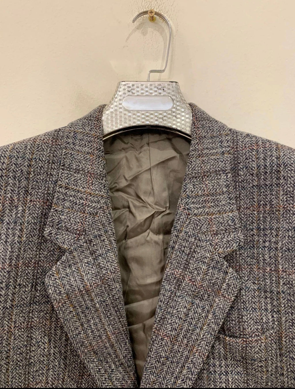 Vintage pure wool tweed glen check gray classic hunting jacket blazer 44R 44L