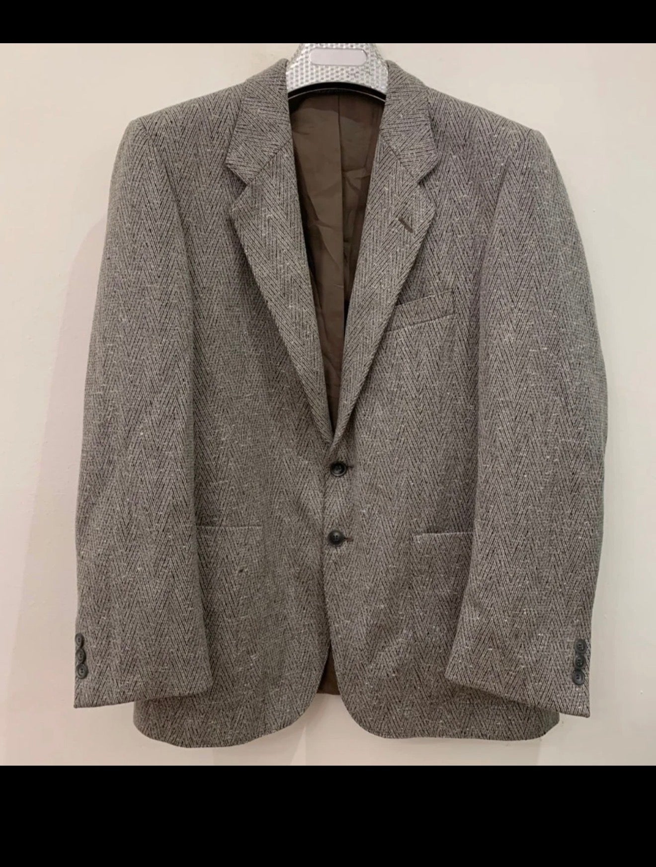 Vintage pure wool herringbone grayish beige classic hunting jacket blazer 38R