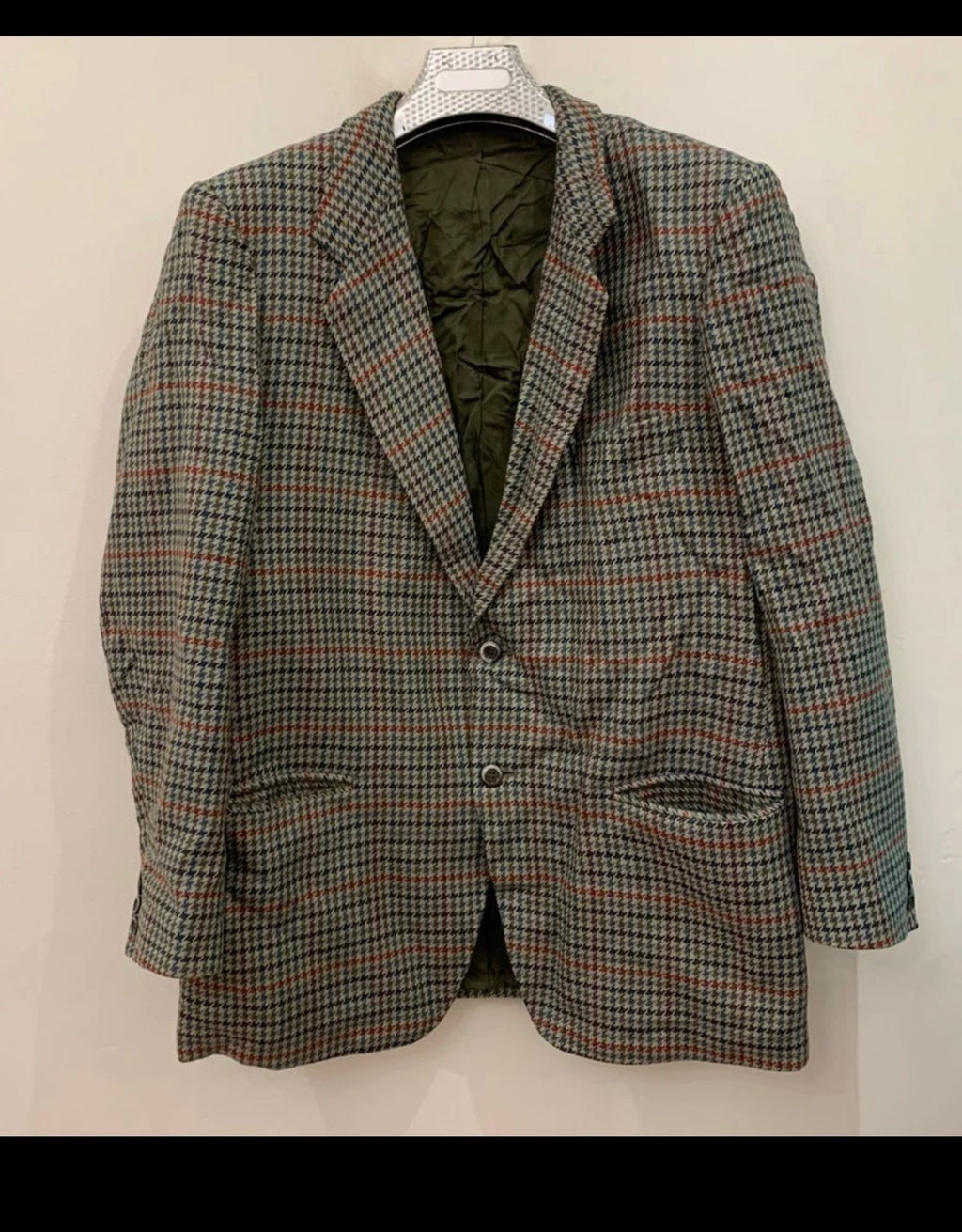Vintage pure wool houndstooth windowpane classic greenish jacket blazer 44R