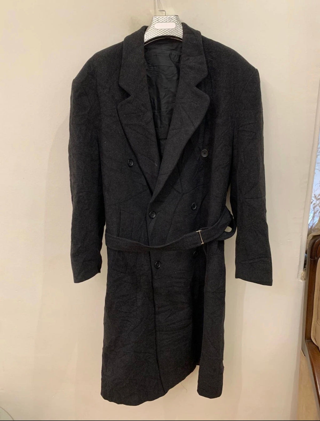 Vintage Wool Cashmere blend double breasted belted charcoal over coat 50R 2XL
