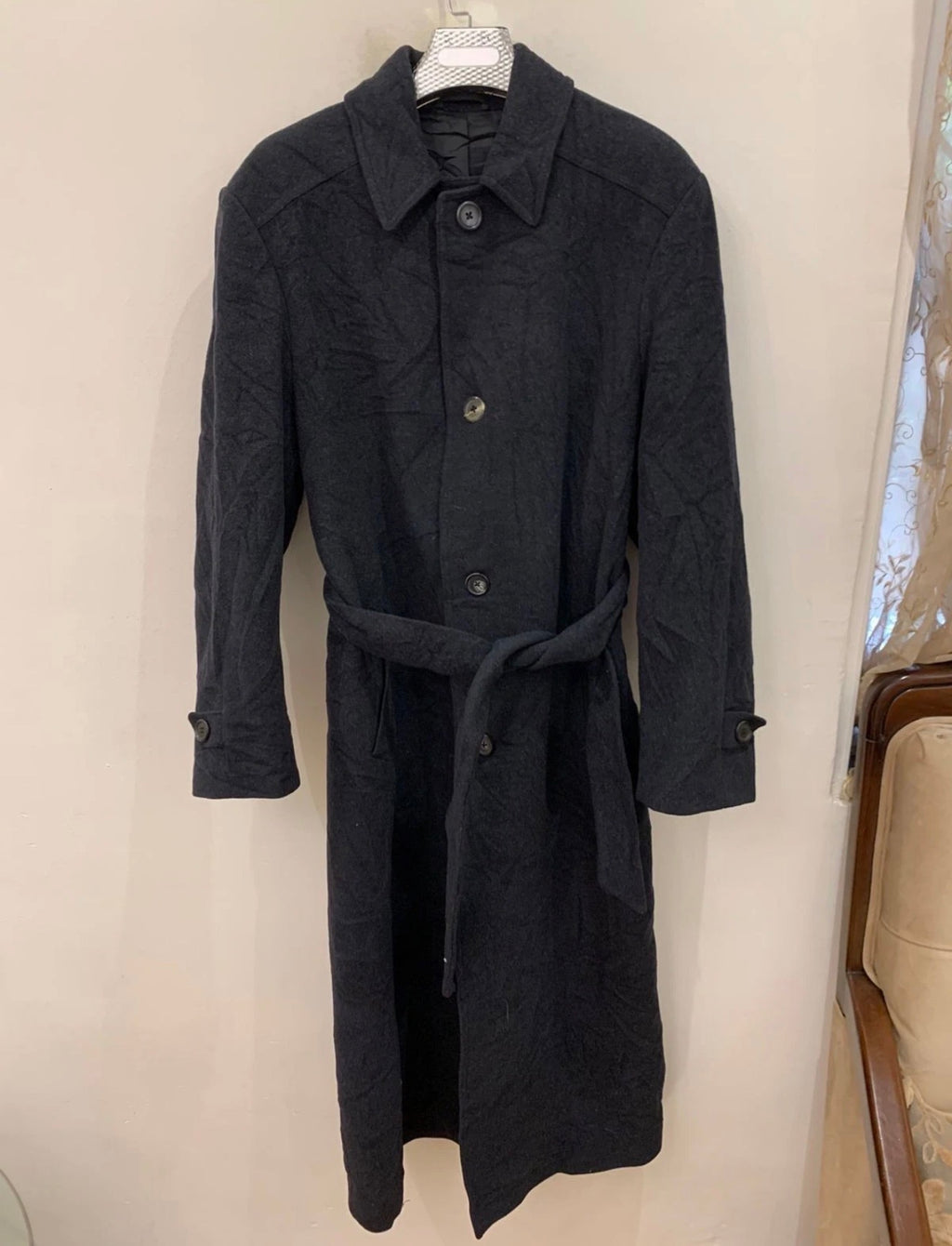 Vintage Wool Cashmere blend charcoal belted raglan long over coat 48L 48R XL