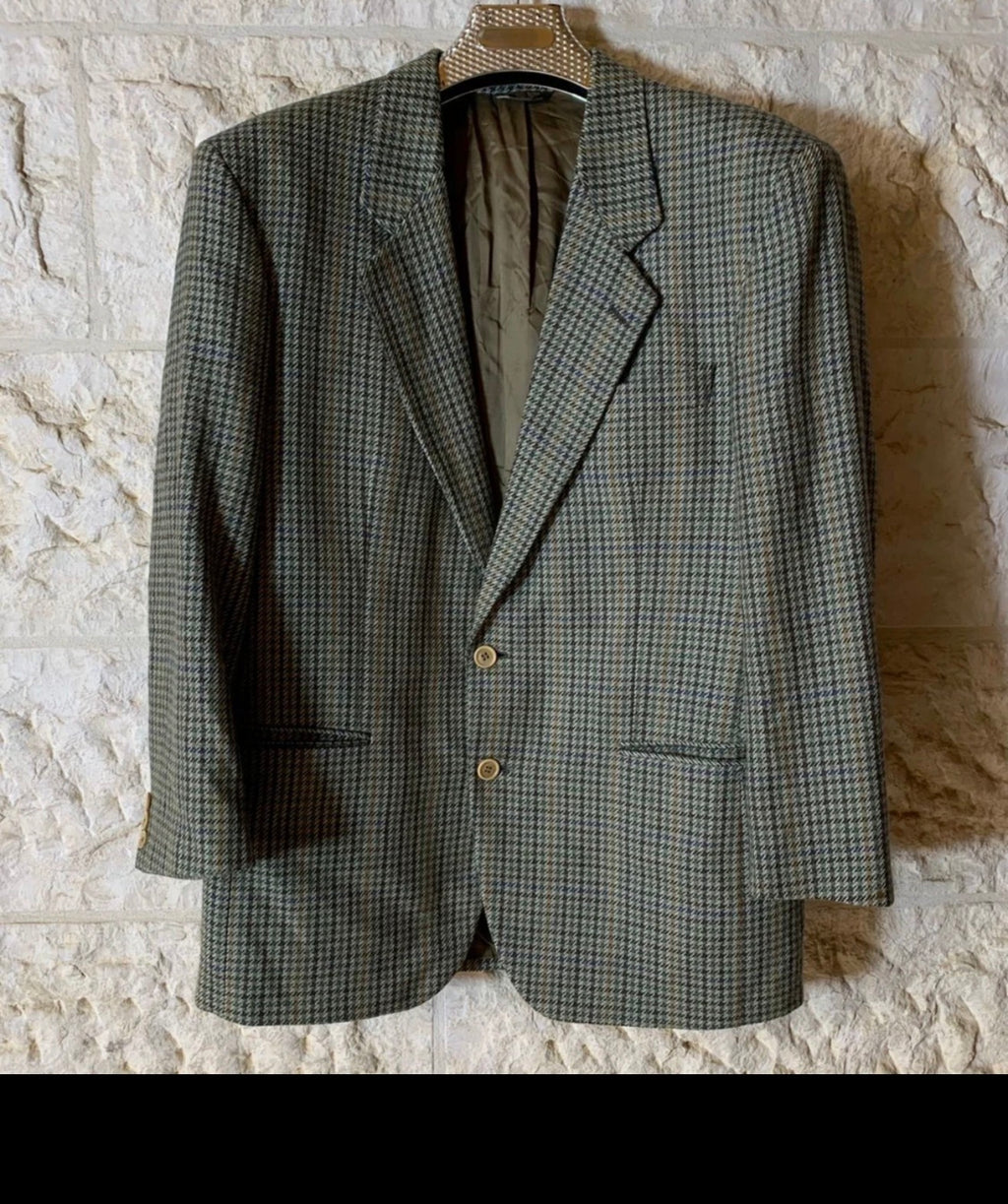 Vintage pure wool houndstooth classic greenish jacket blazer 42R 42S