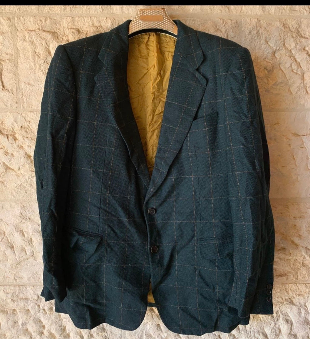 Vintage handtailored wool cashmere Windowpane green classic jacket blazer 42R