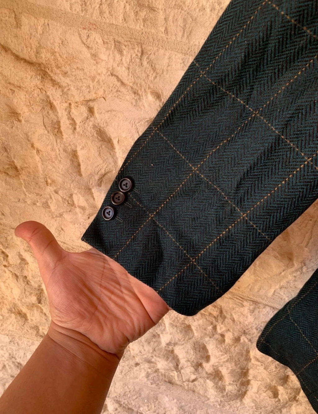 Vintage handtailored wool cashmere Windowpane green classic jacket blazer 42R